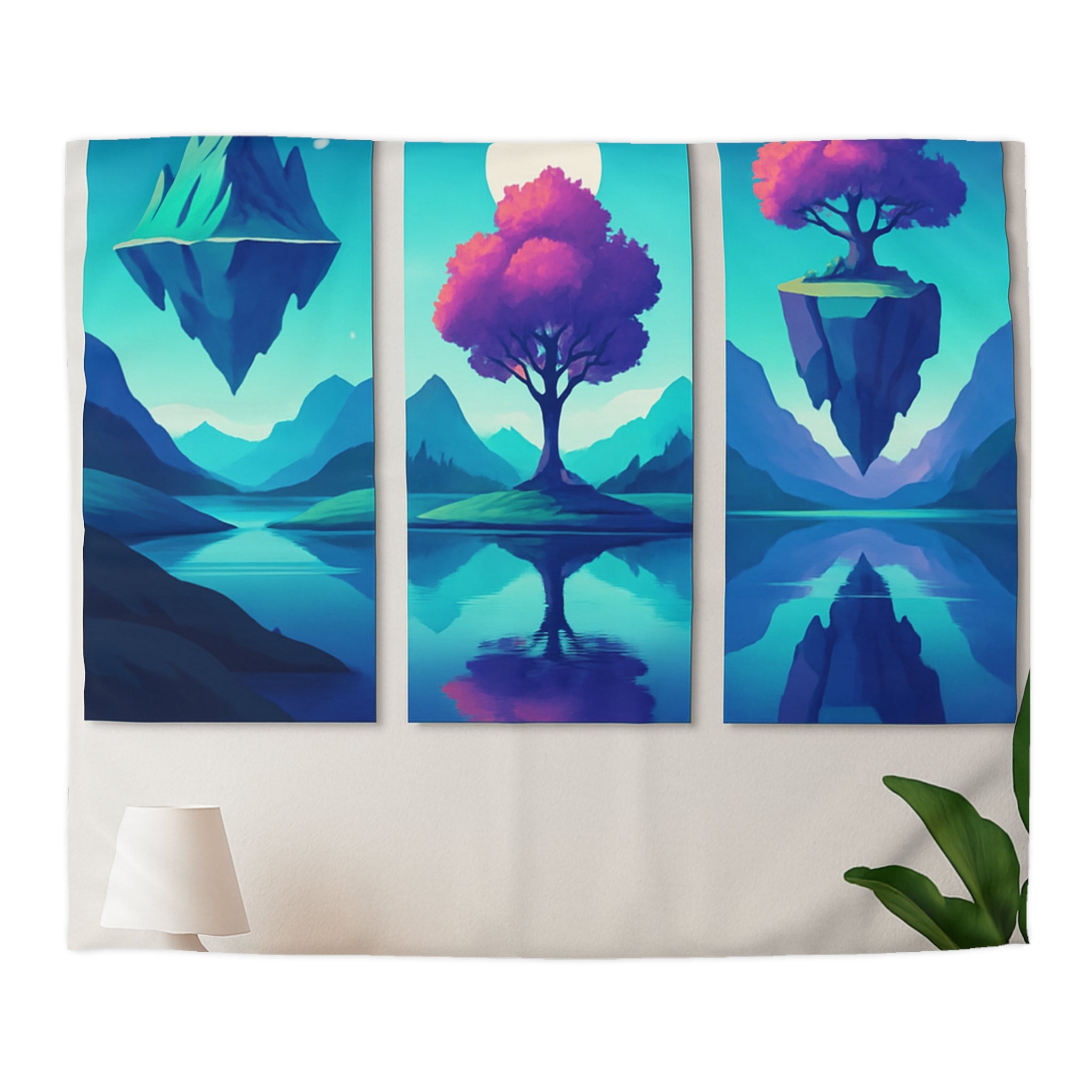 Housse de couette paysage flottant magique avec montagnes surréalistes et arbres colorés