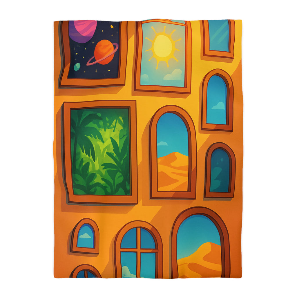 Housse de couette vibrante avec fenêtres sur l'univers et paysages exotiques