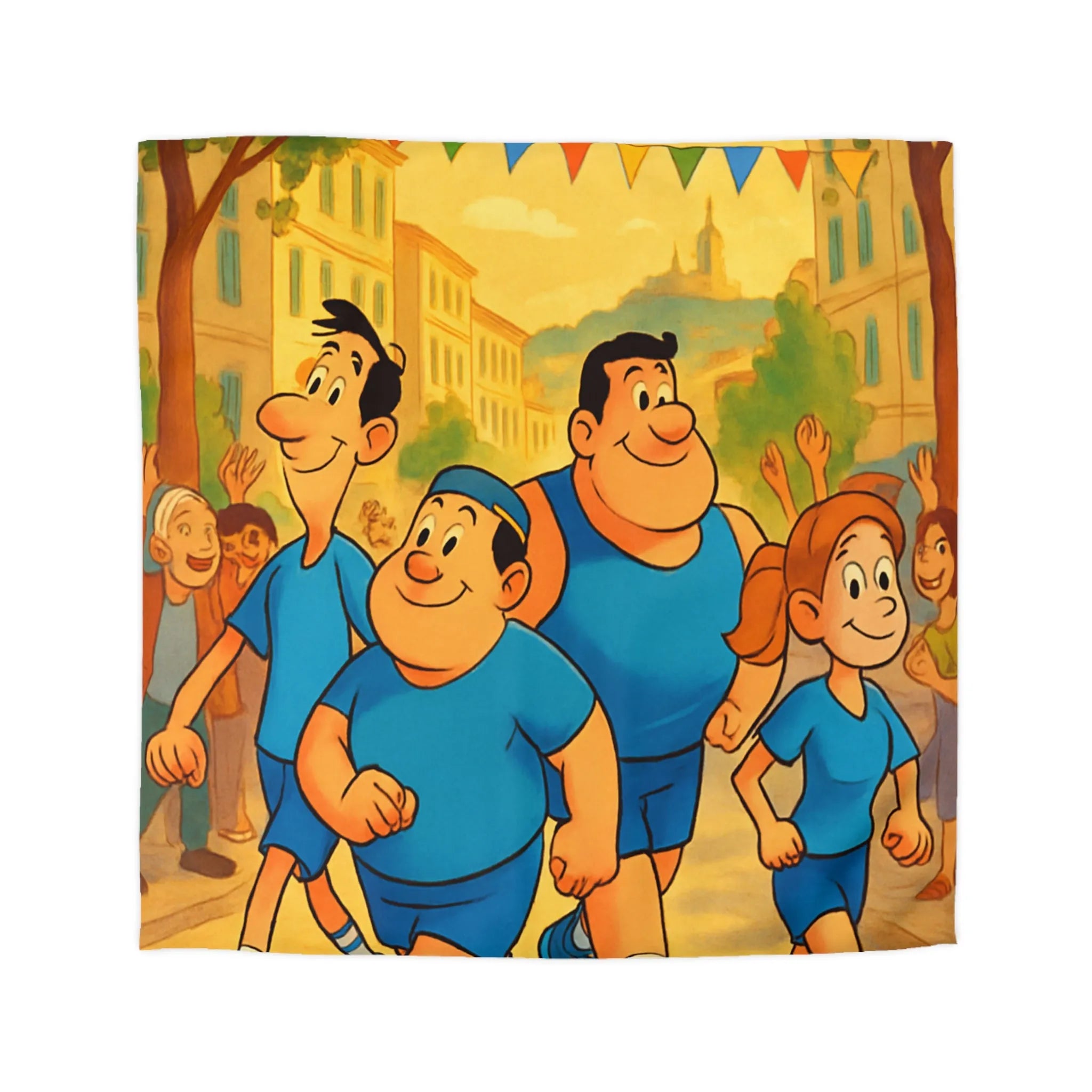 Housse de couette colorée avec personnages marchant joyeusement dans une rue animée