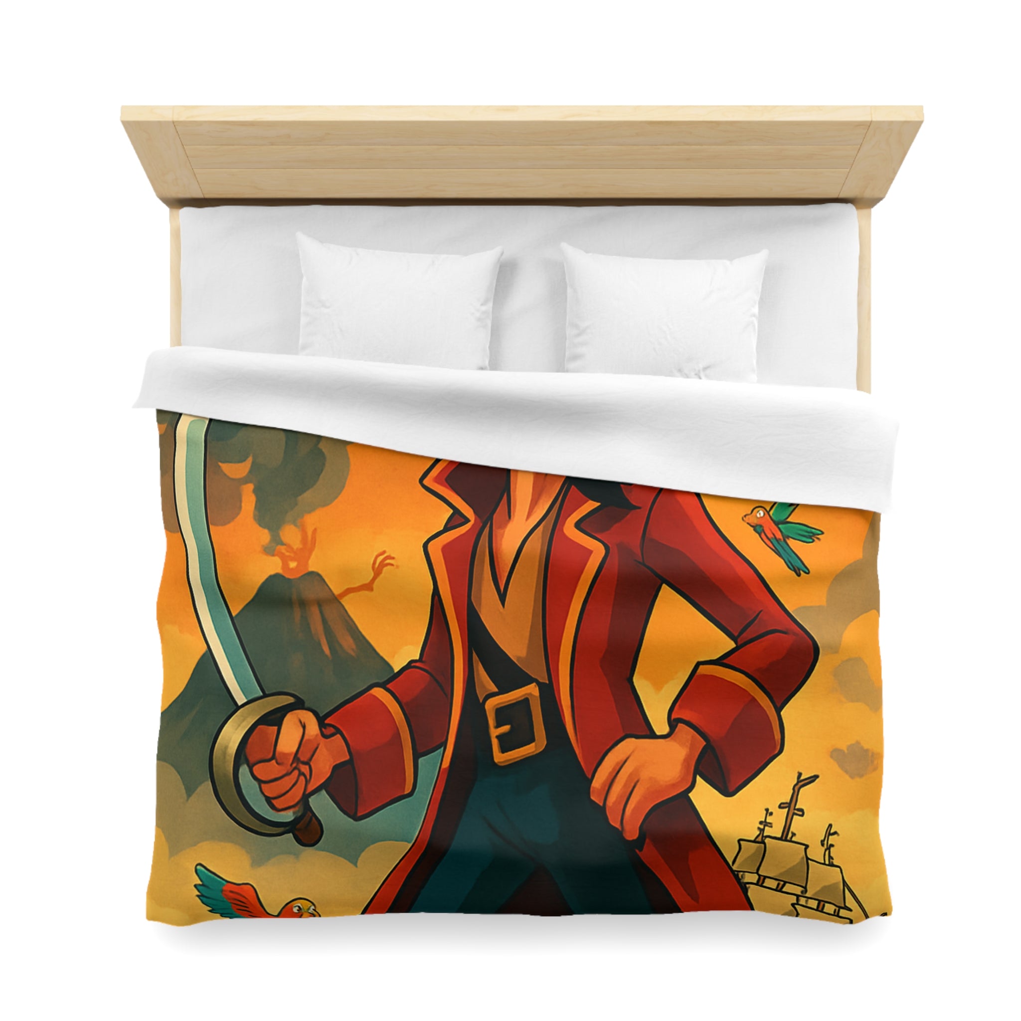 Housse de couette pirate vibrante avec perroquets colorés, volcan actif et bateau en mer