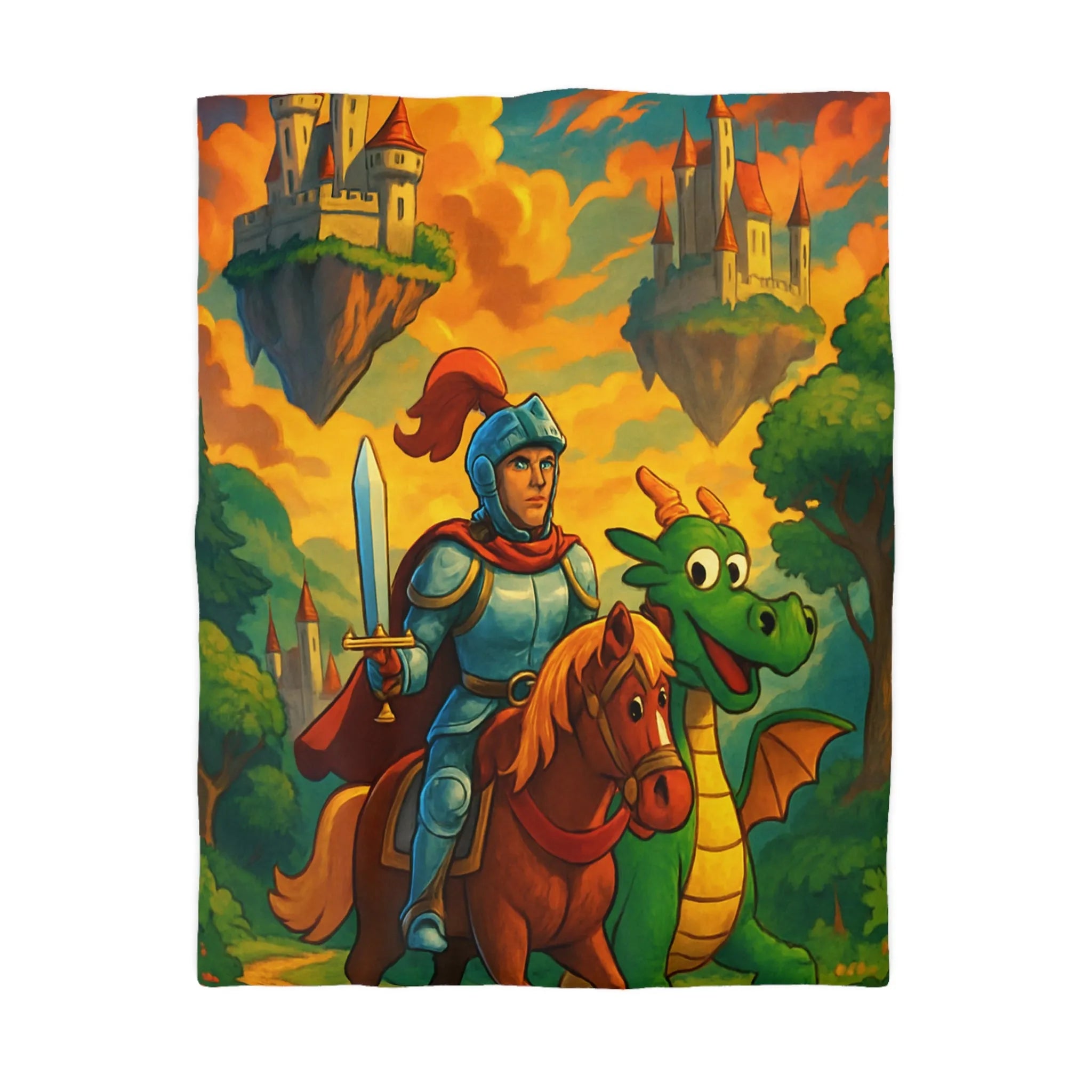 Housse de couette médiévale colorée avec chevalier, dragon et châteaux flottants fantastiques
