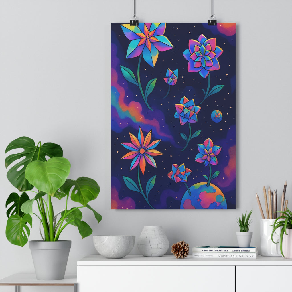 Poster décoratif fleurs univers bleu violet orange cartoon espace futuriste mystique chambre salon élégant
