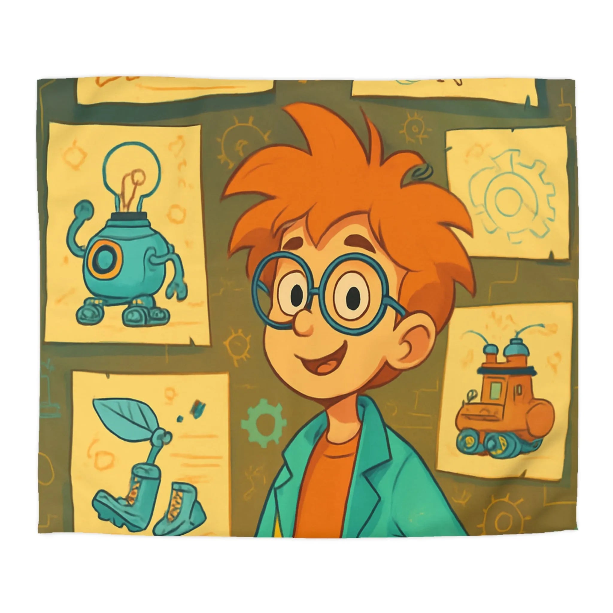 Housse de couette enfant motifs inventeur créatif pour chambre ludique et colorée