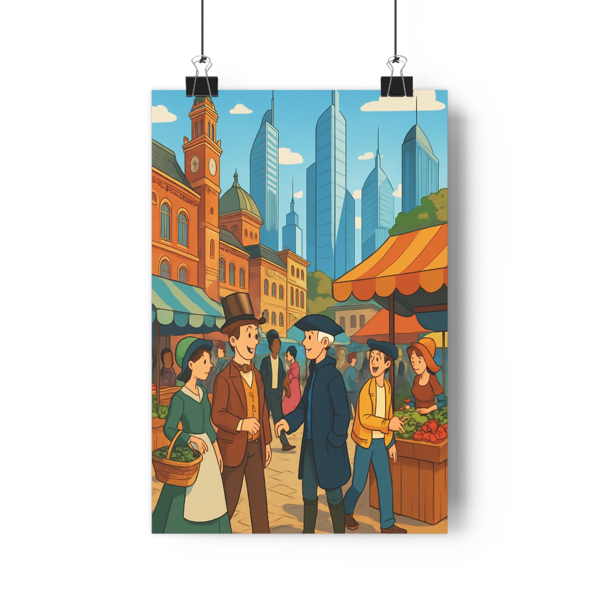 Poster décoratif marché animé historique moderne joyeux cartoon salon chambre couleurs chaudes contrastes élégance