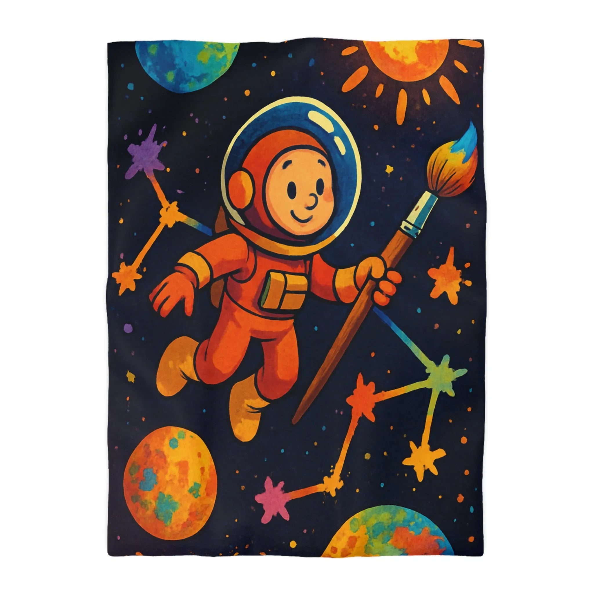 Housse de couette enfant : astronaute, peintre de l'univers, planètes colorées et célestes étoiles