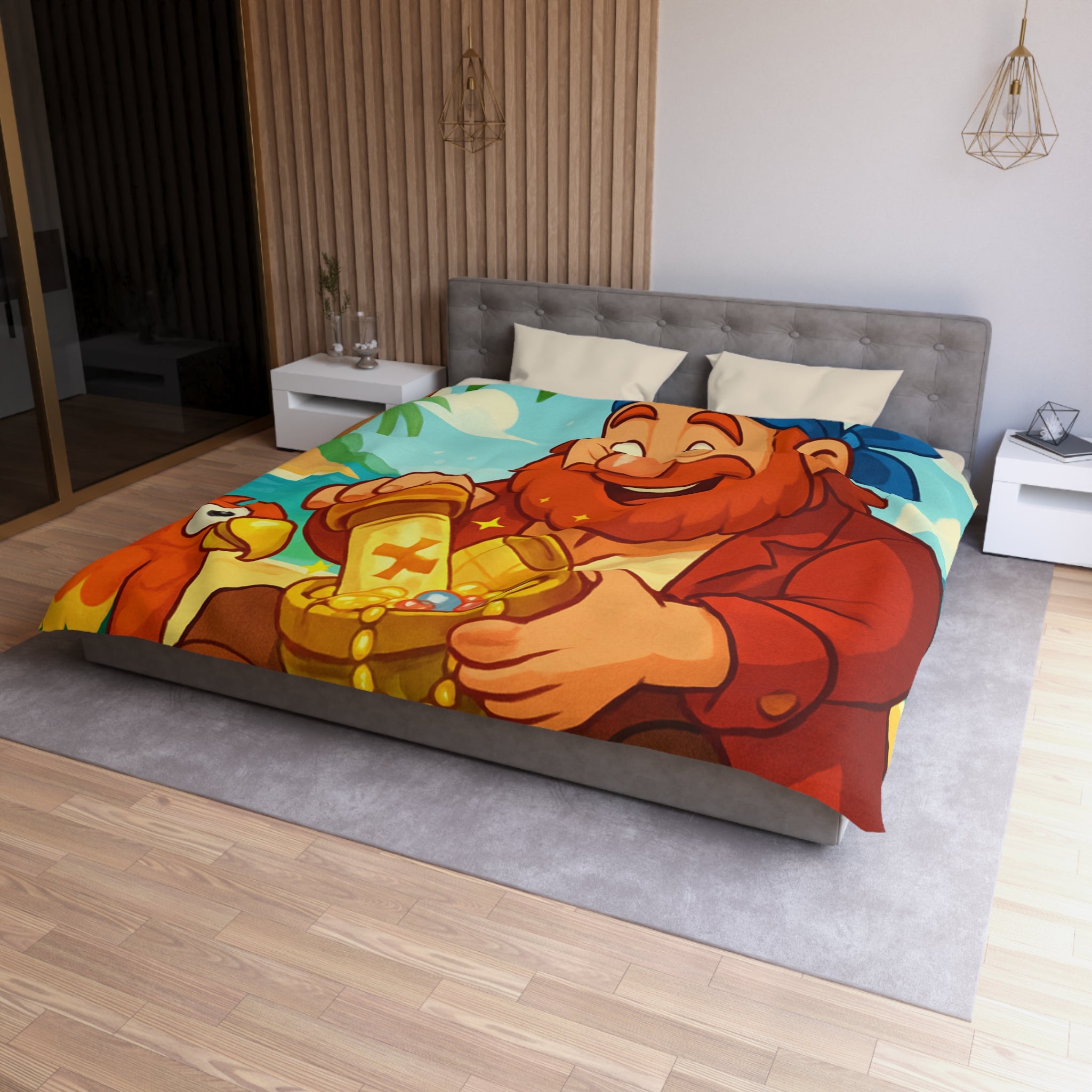 Housse de couette pirate joyeux trésor plage, perroquet coloré, mer et palmiers