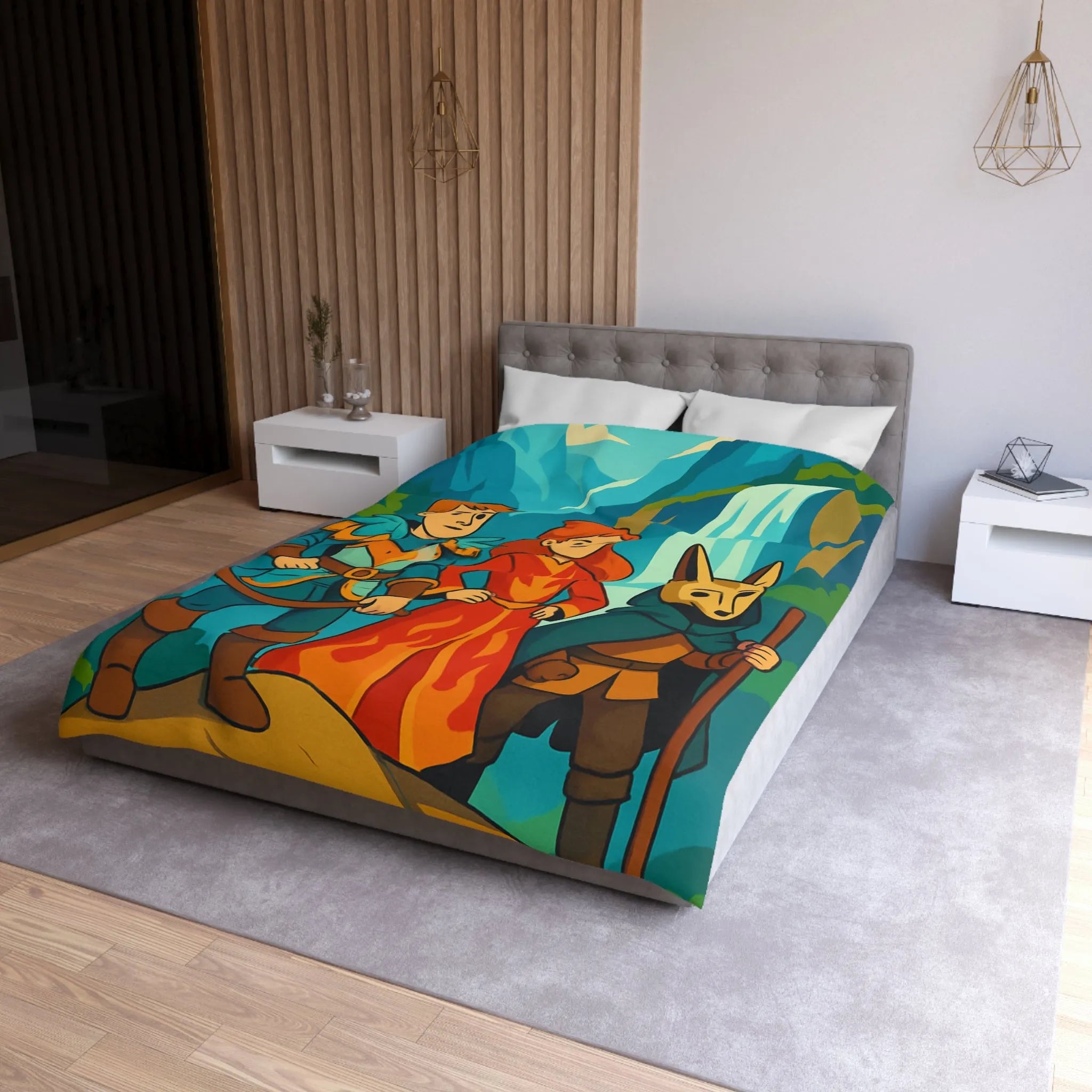 Housse de couette avec illustration aventureuse de personnages devant une cascade majestueuse