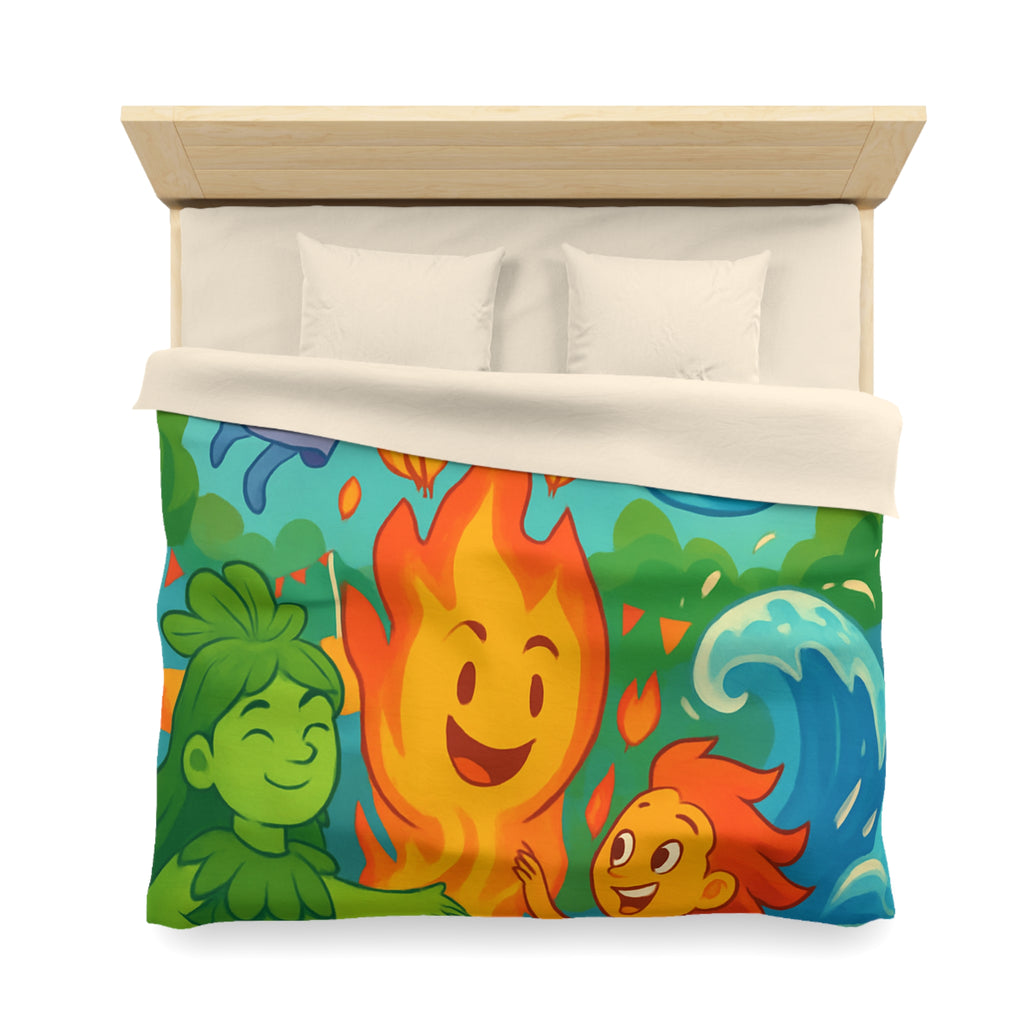 Housse de couette vibrante célébrant les quatre éléments dans un style ludique coloré