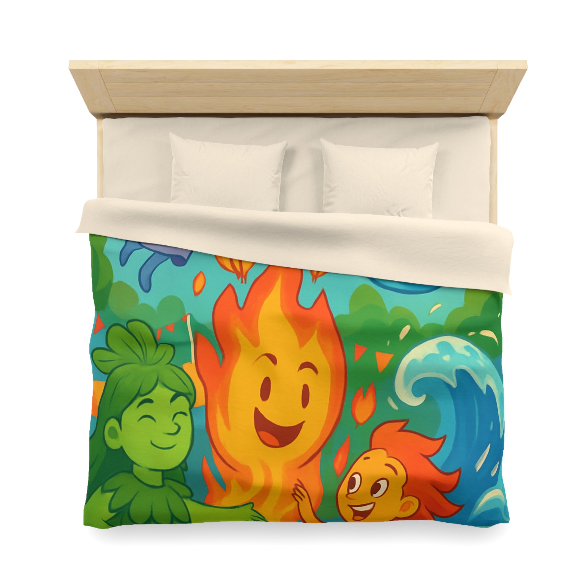 Housse de couette vibrante célébrant les quatre éléments dans un style ludique coloré