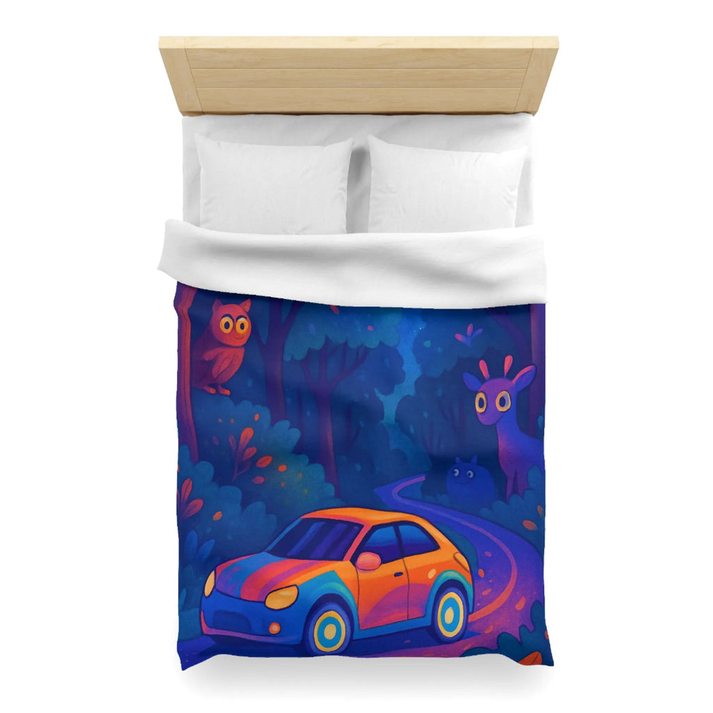 Housse de couette forêt magique avec voiture et animaux, ambiance nocturne colorée fantastique