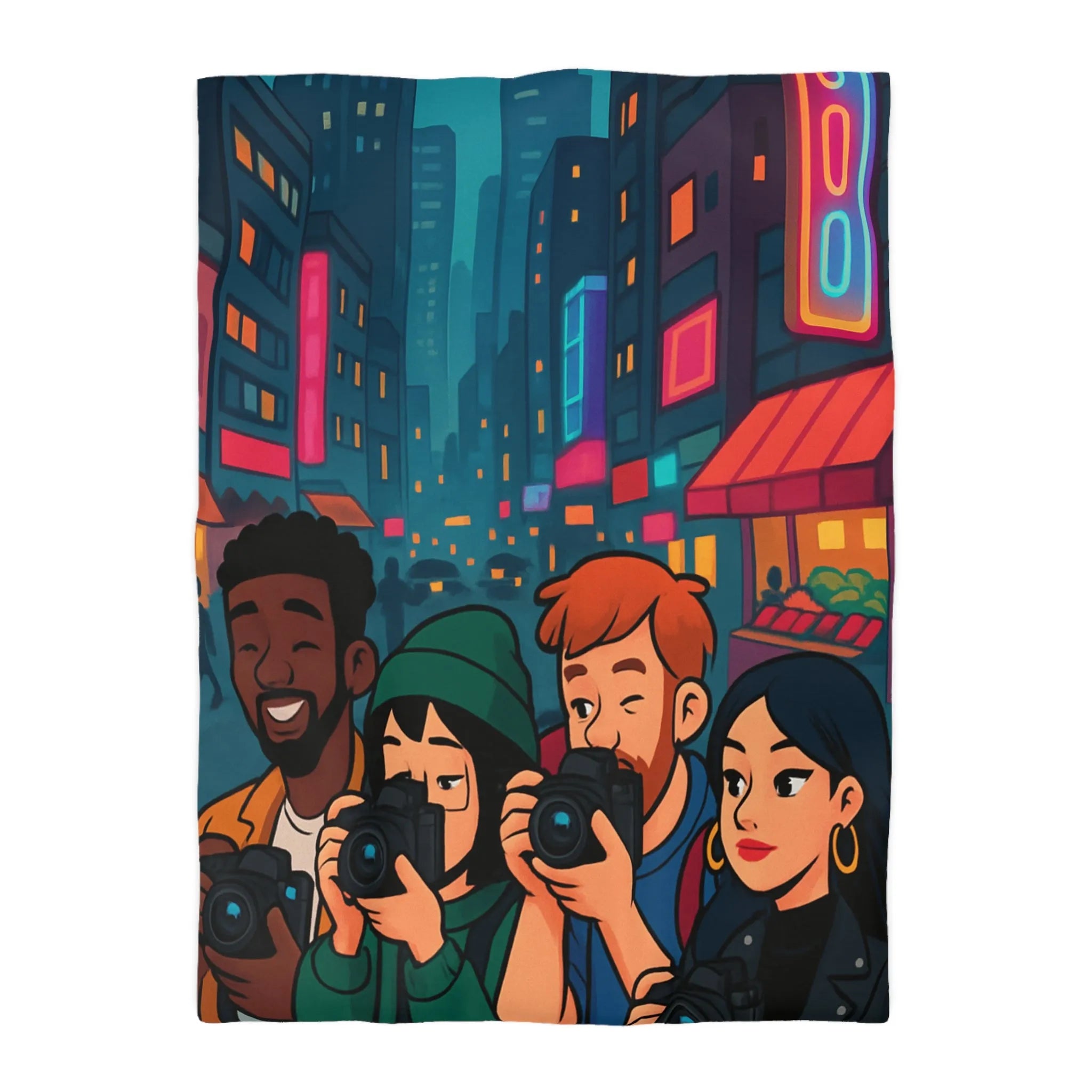 Housse de couette avec photographe urbain, design moderne et ambiance néon vibrante