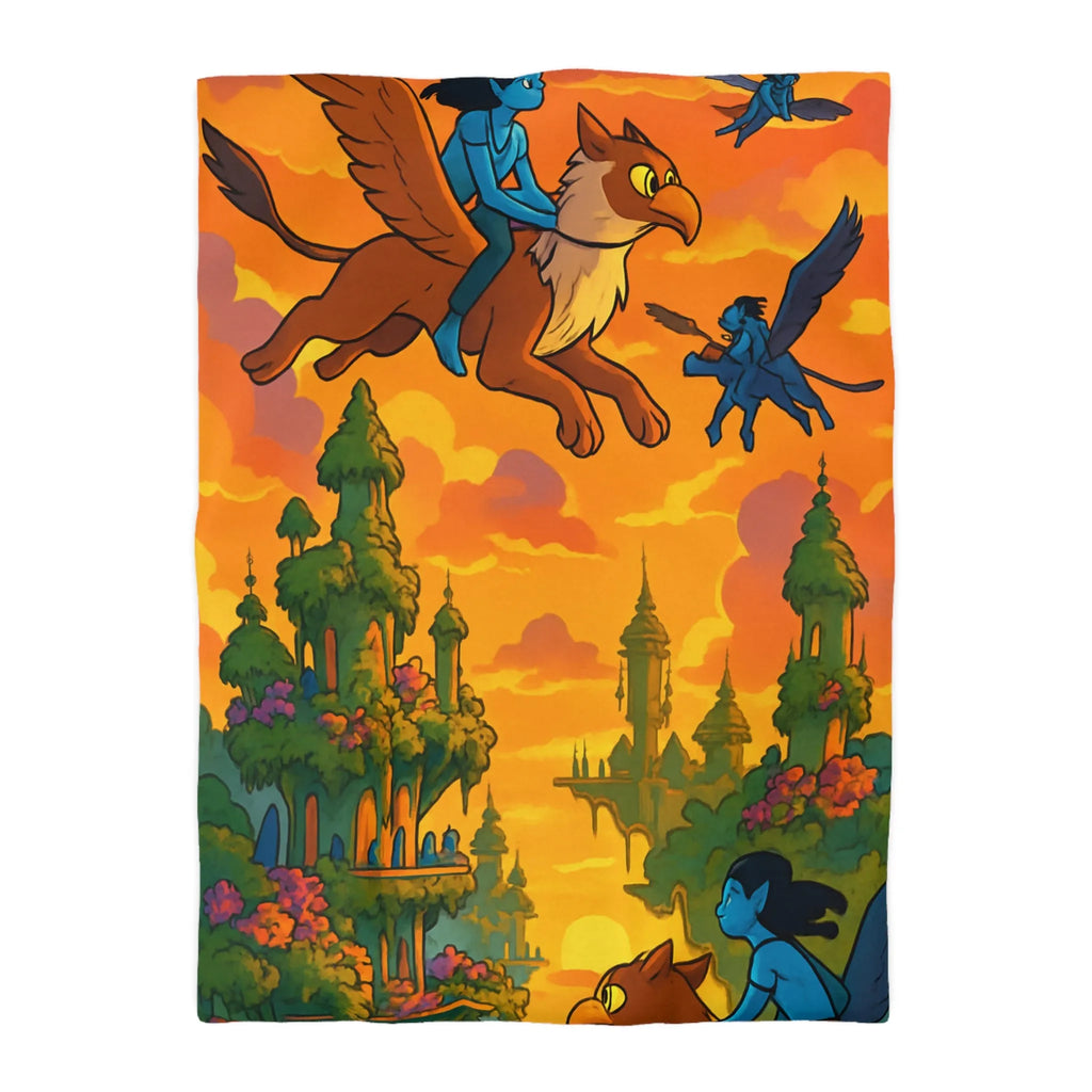 Housse de couette magique avec créatures volantes et paysage fantastique au coucher du soleil
