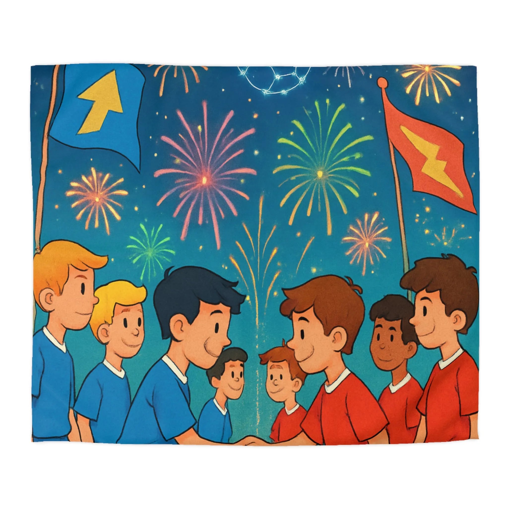 Housse de couette colorée inspirée du football avec feux d'artifice et équipe en action