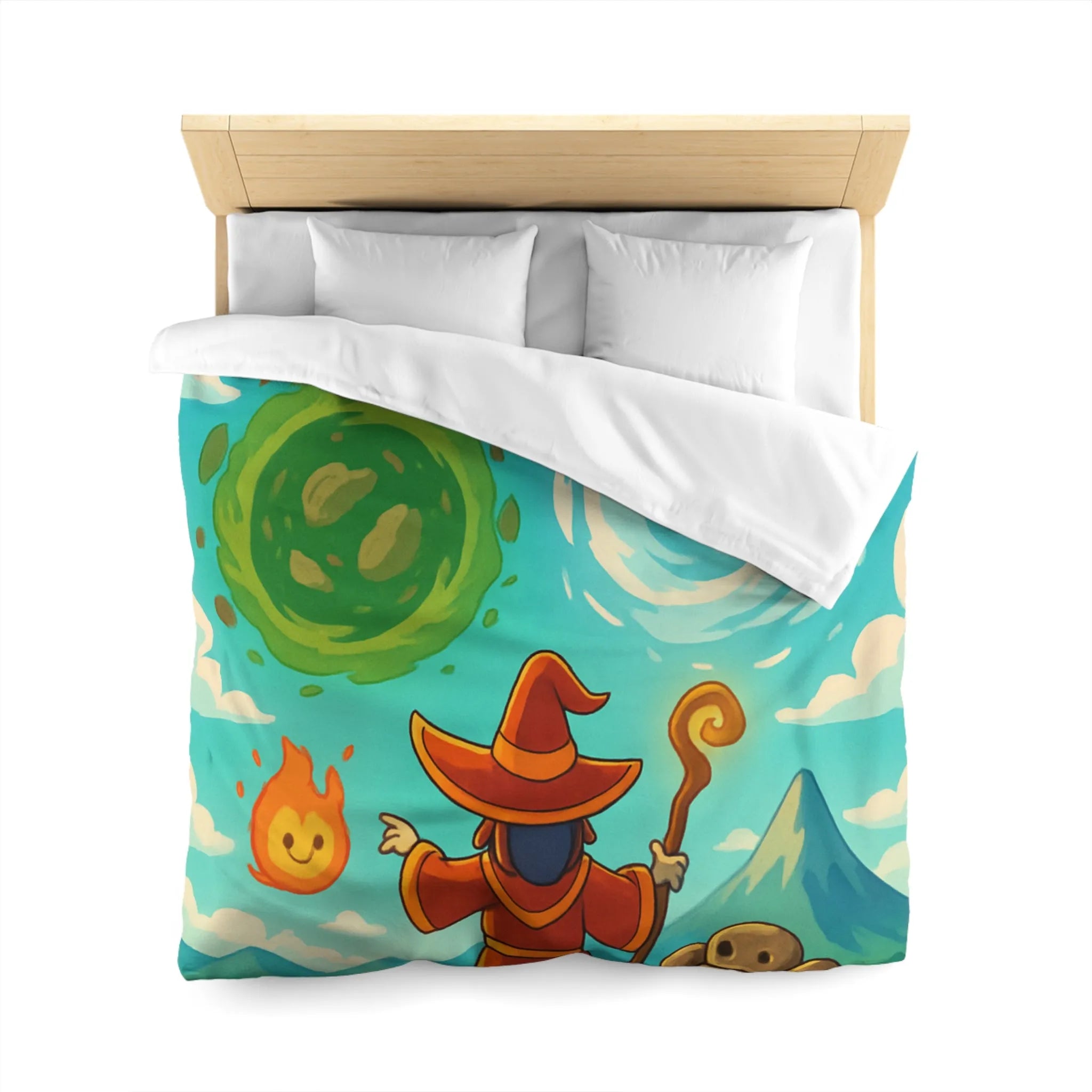 Housse de couette avec illustration magique de sorcier, élémentaires et paysage vibrant