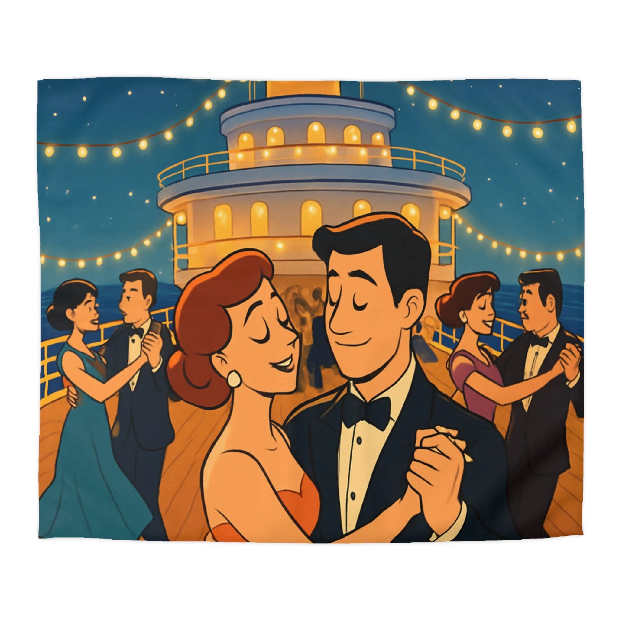 Housse de couette élégante avec danse romantique rétro sur un pont de navire