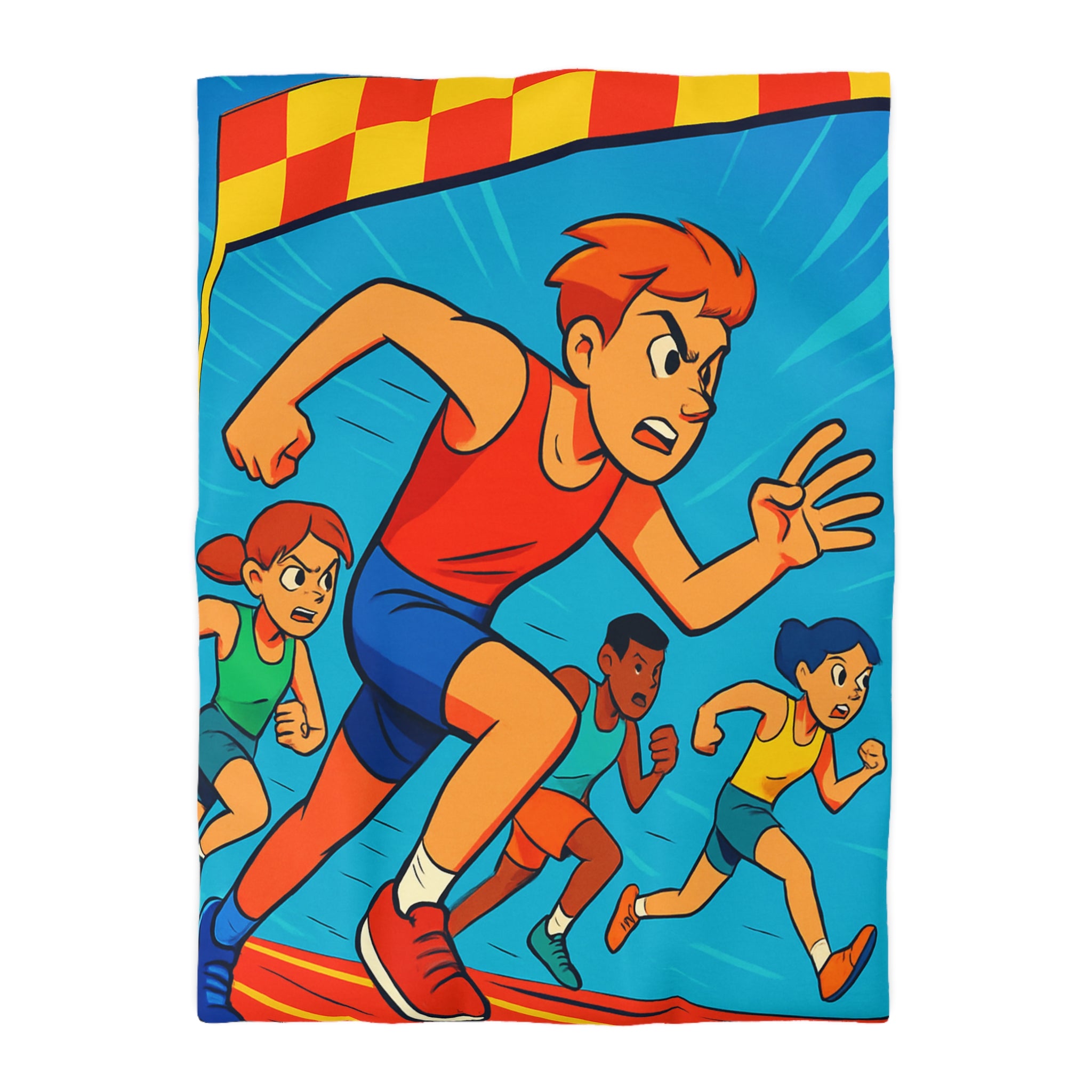Housse de couette vibrant style bande dessinée enfants courant vers la ligne d'arrivée