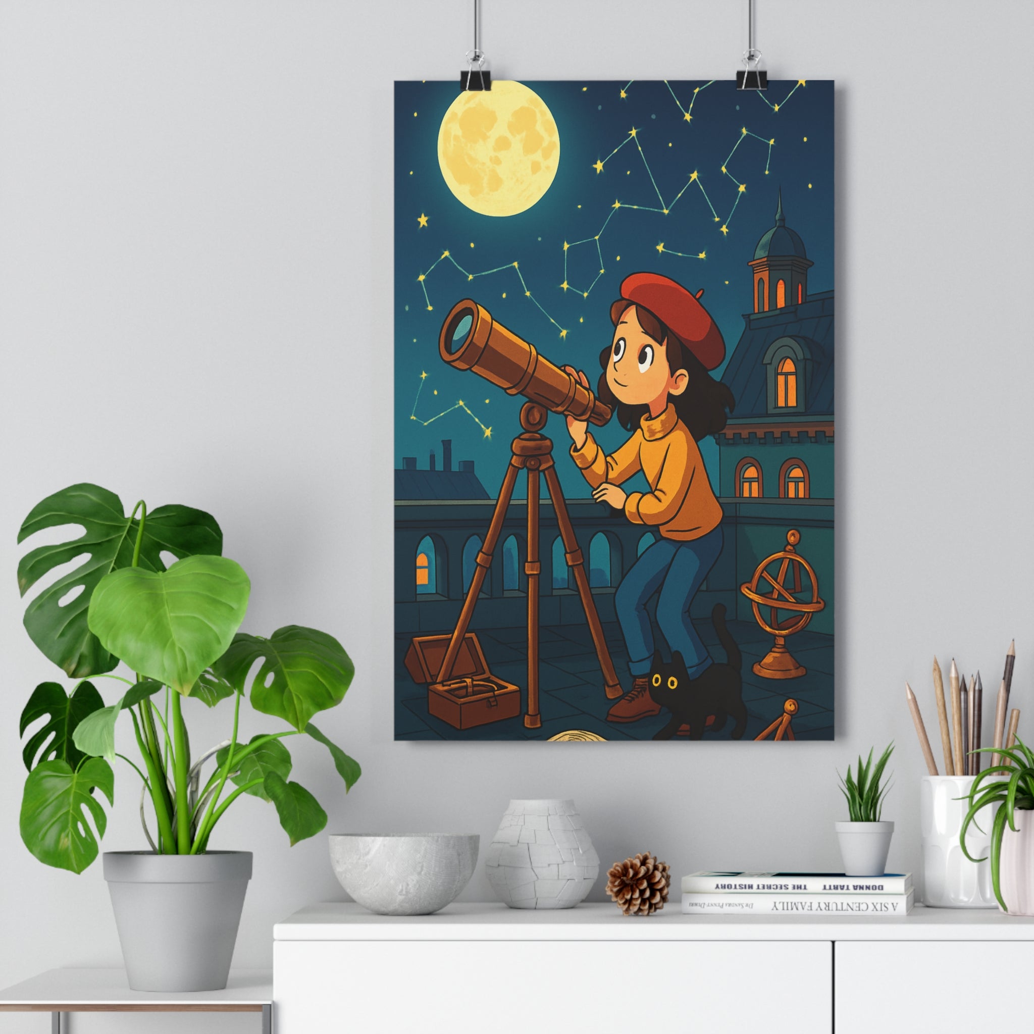 Poster décoratif mystique lune bleu noir fille aventure rétro astronomique chambre vintage captivant élégant