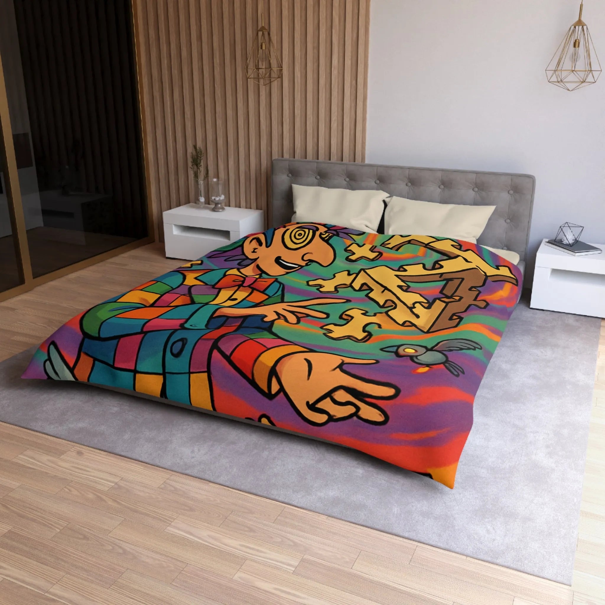 Housse de couette colorée avec illusion d'optique géométrique et motif de clown vibrant