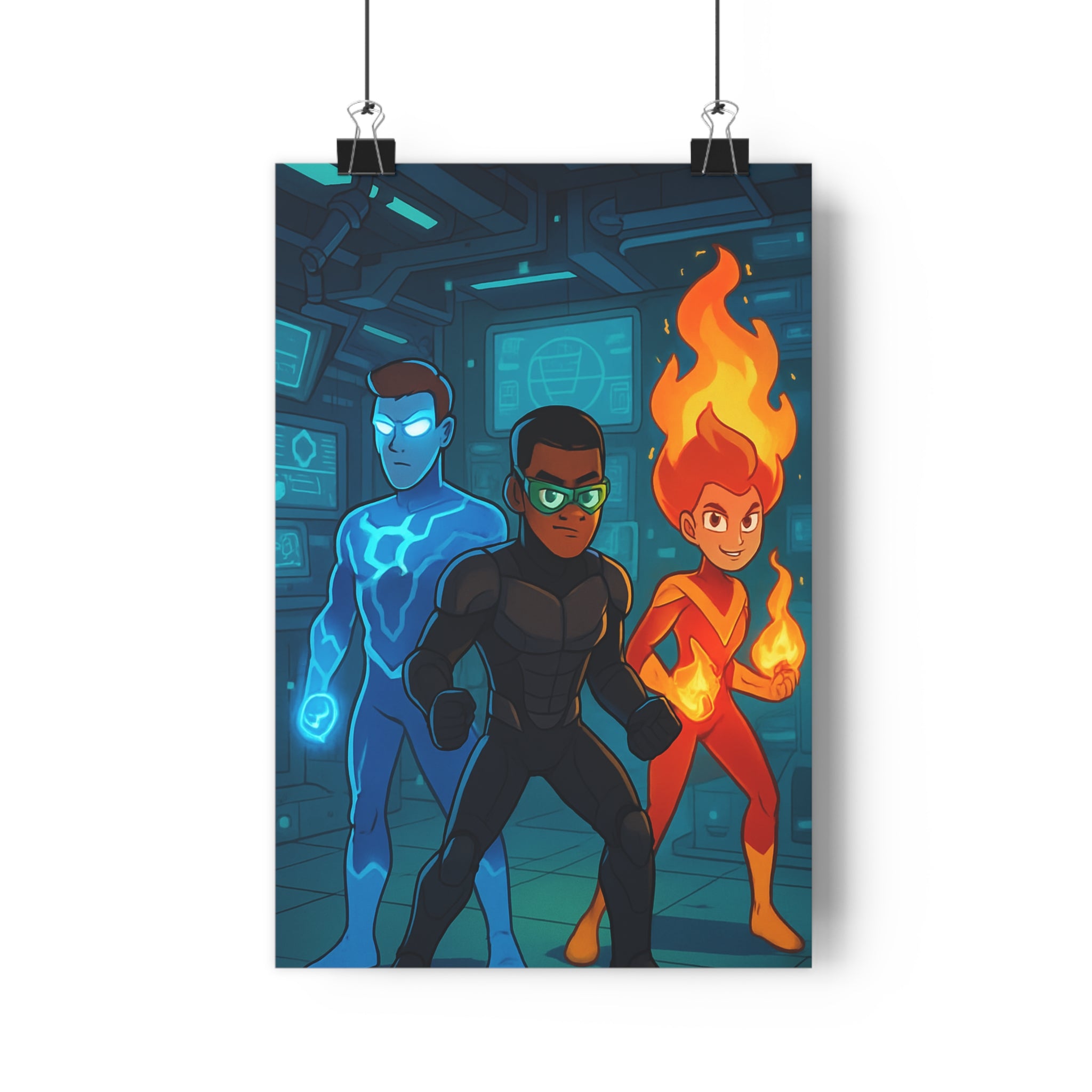 Poster décoratif cartoon héros futuriste bleu noir rouge lumineux chambre salon moderne tendance ambiance