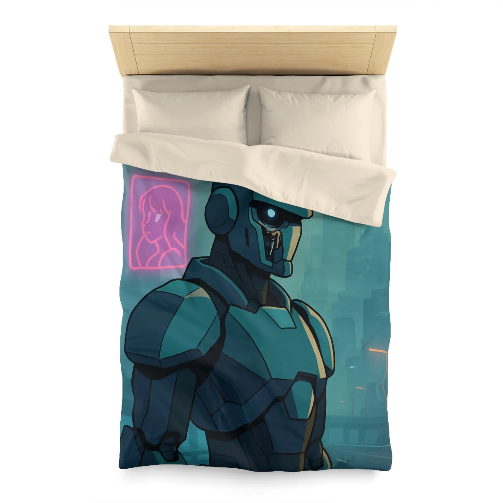 Futuristic Dystopian Cityscape with Neon Lights and Robotic Figure for Bedding Decor