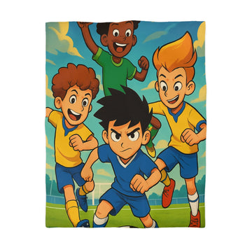 Housse de couette football enthousiaste pour enfants avec joueurs en action et ciel bleu