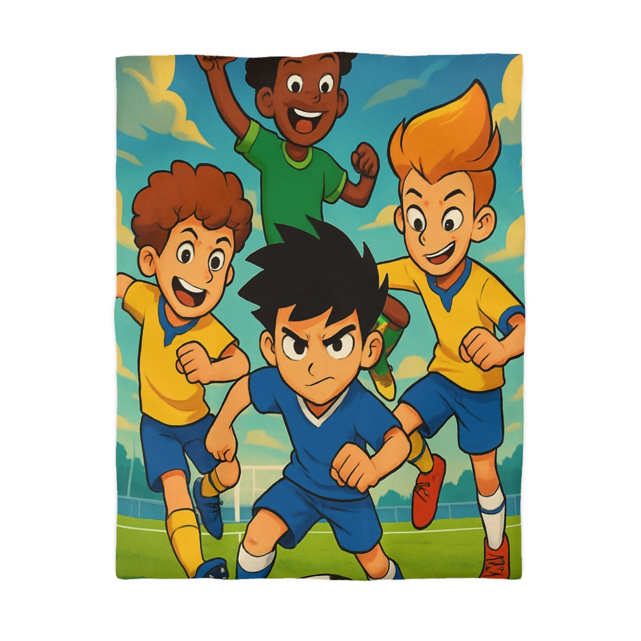 Housse de couette football enthousiaste pour enfants avec joueurs en action et ciel bleu