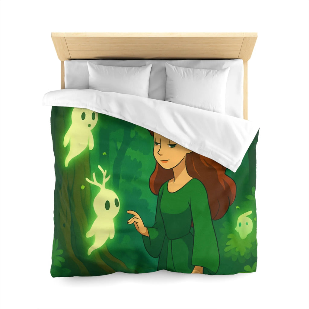 Housse de couette enchantée avec esprits lumineux dans une forêt mystérieuse et verdoyante