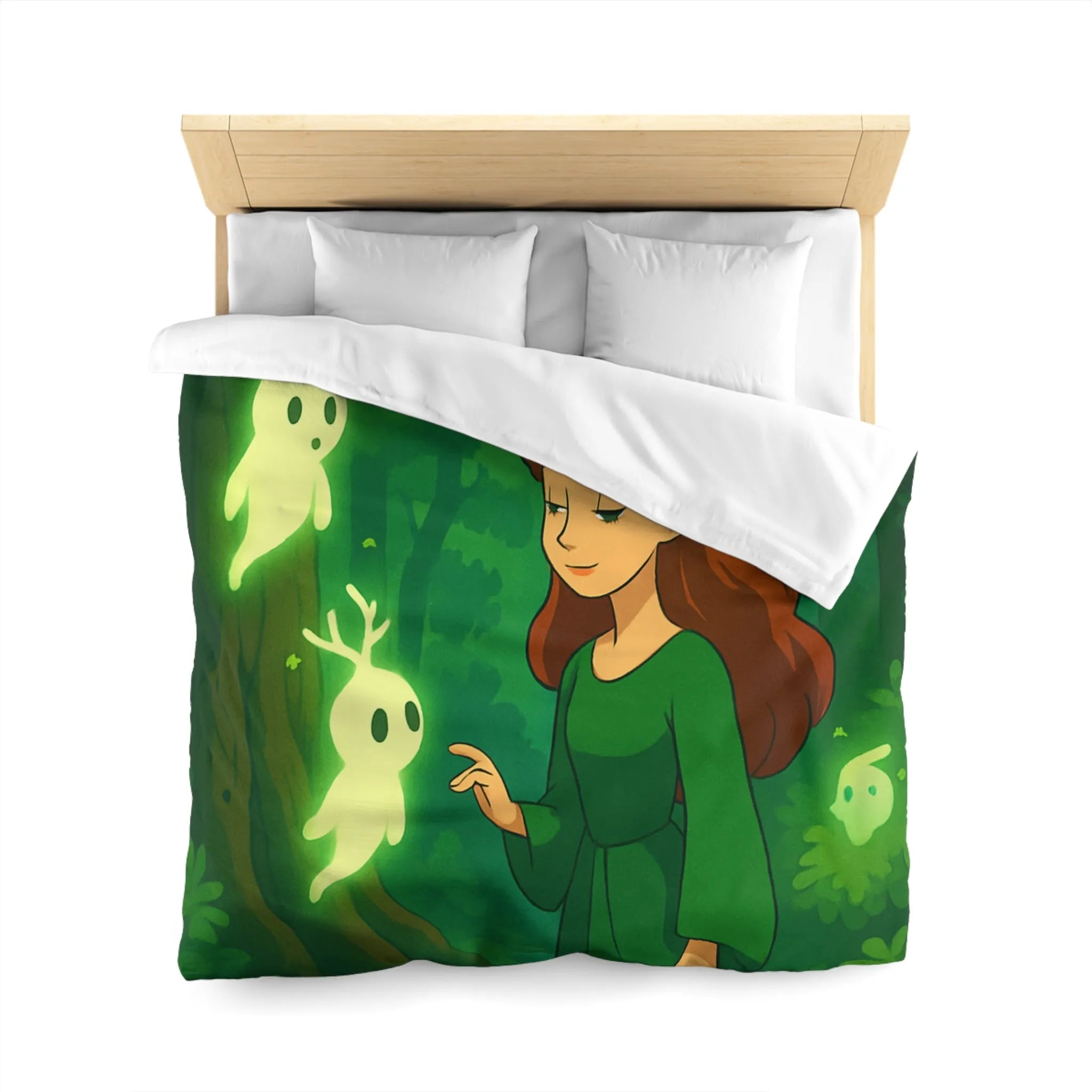 Housse de couette enchantée avec esprits lumineux dans une forêt mystérieuse et verdoyante