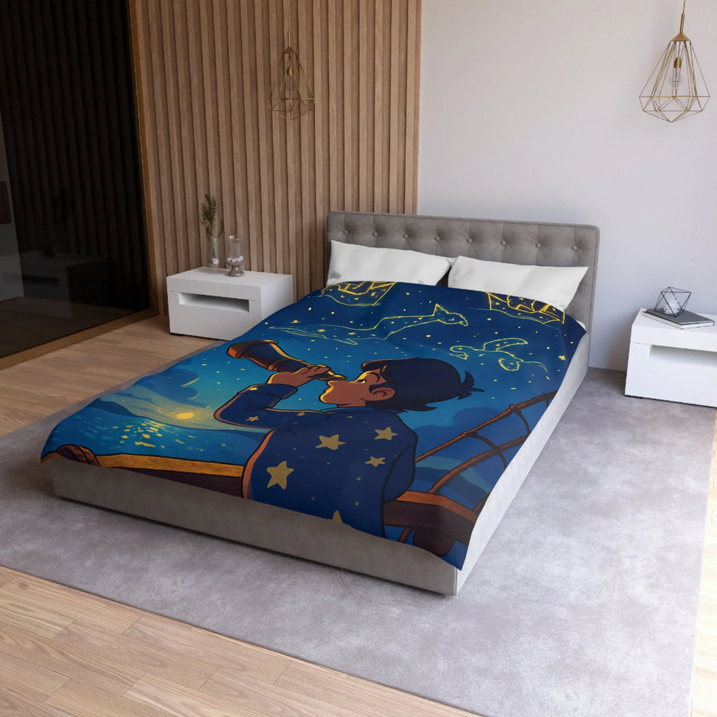 Housse de Couette Étoilée Enfant Rêveur Observant Constellations Célestes Bleu Nuit