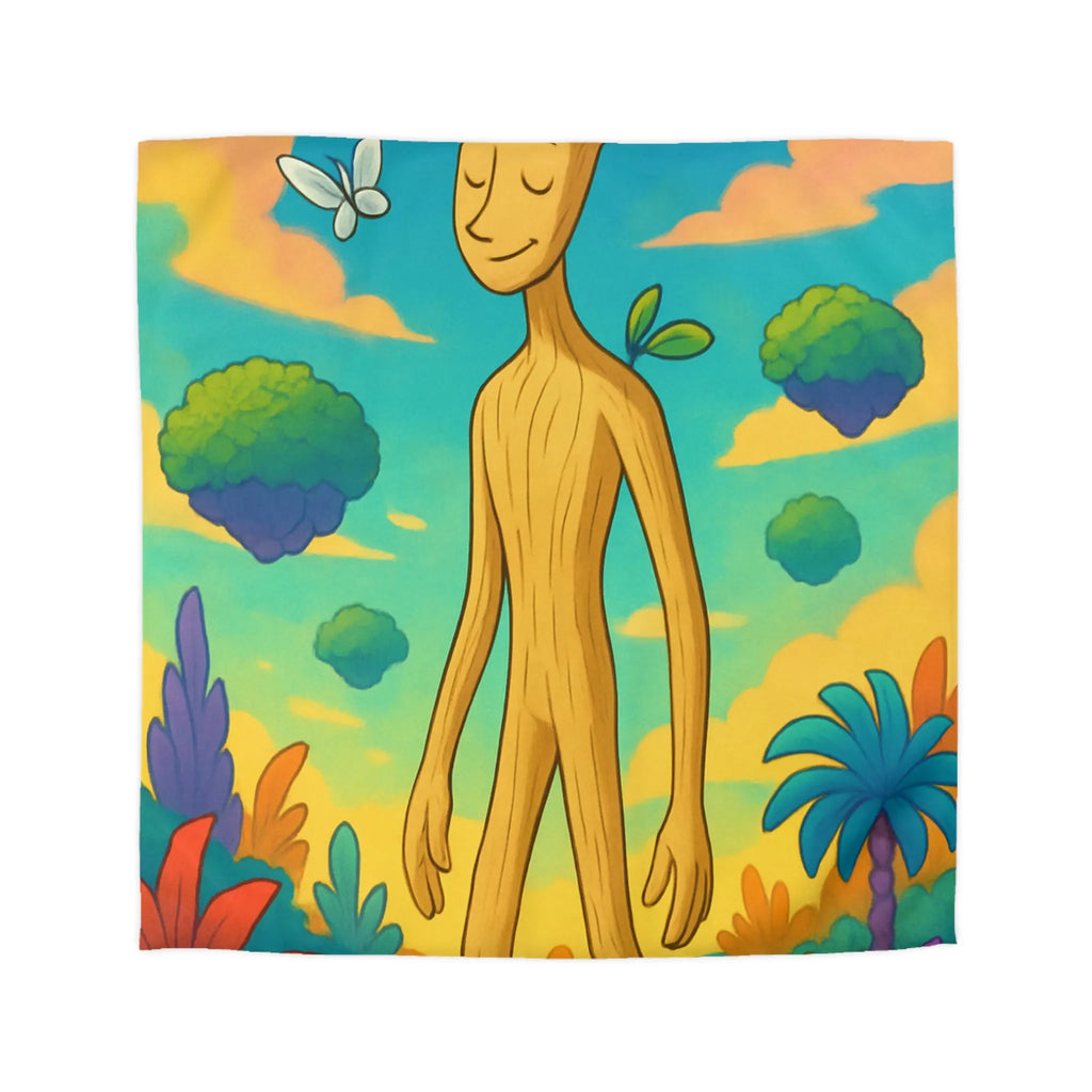 Housse de couette enchanteresse avec paysage coloré, créature en bois et papillons