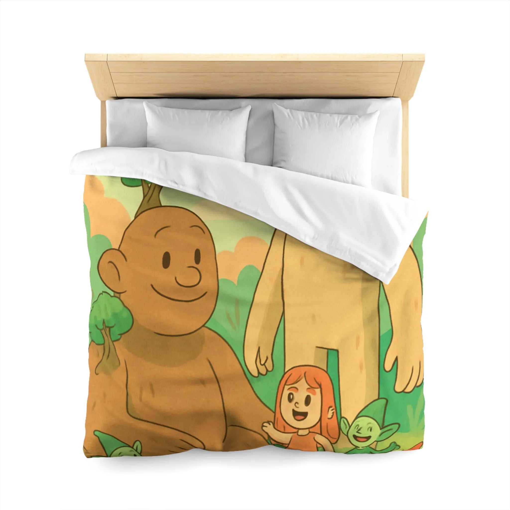 Housse de couette fantastique avec géants arborés et lutins dans une forêt enchantée