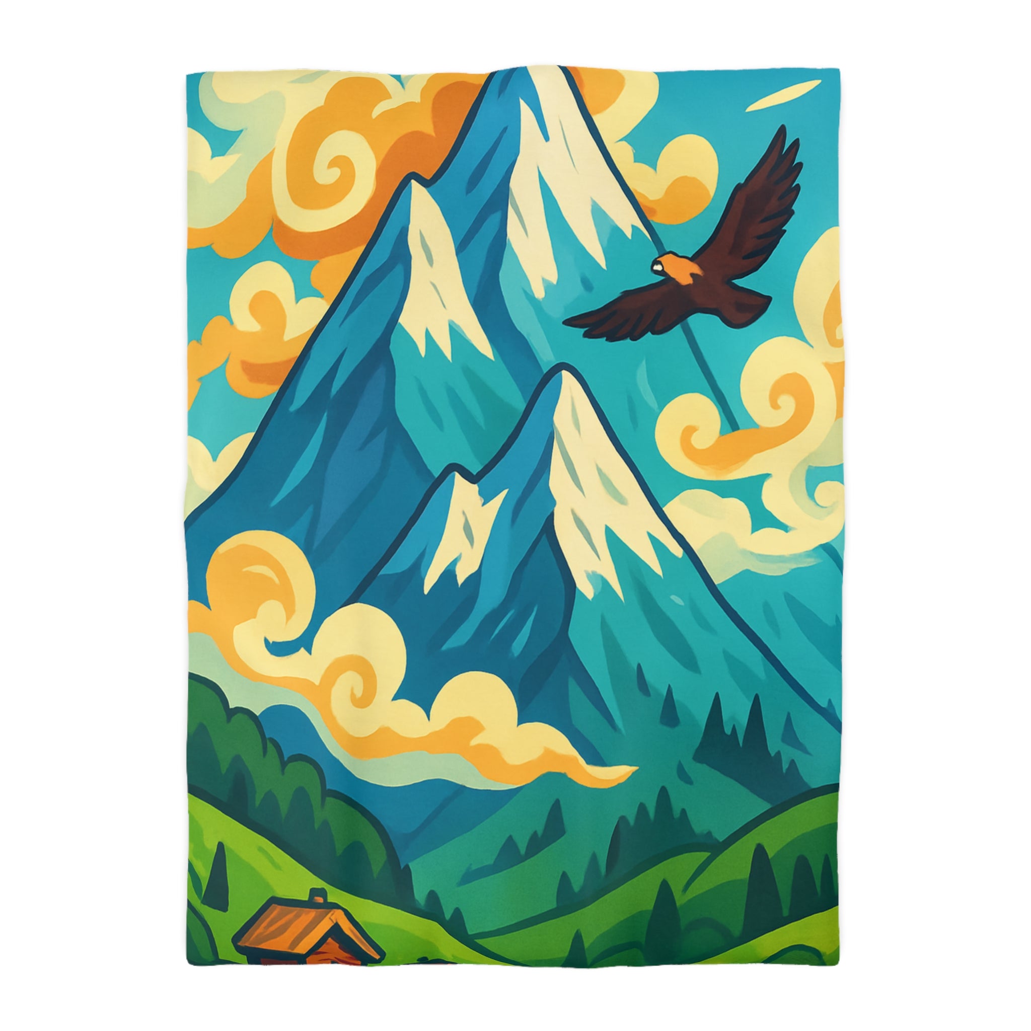 Housse de couette montagne colorée avec aigle et chalets pour chambre moderne