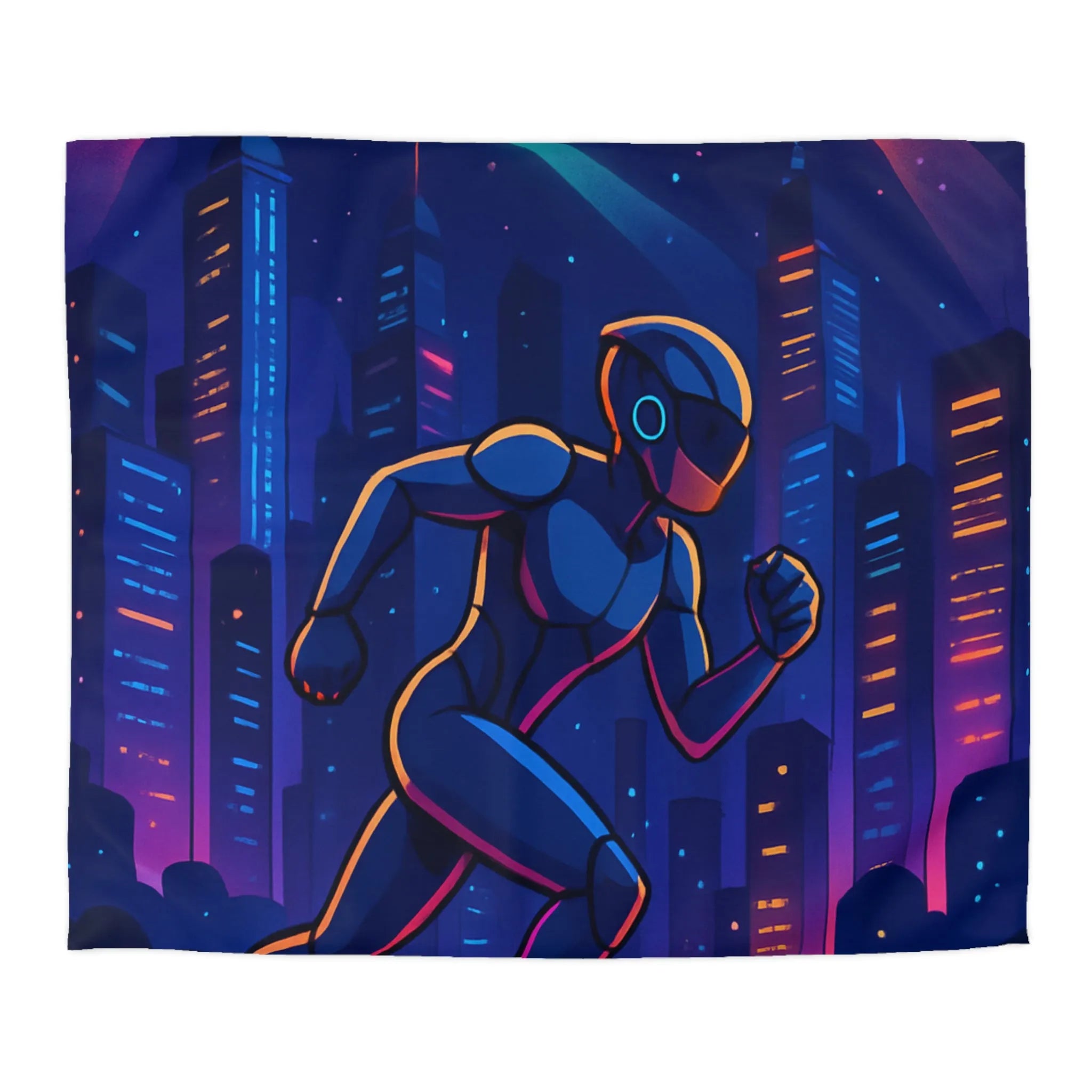 Housse de couette futuriste avec robot en course dans ville néon lumineuse nocturne