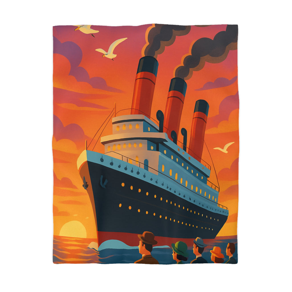 Superbe housse de couette avec paquebot vintage sous un coucher de soleil flamboyant