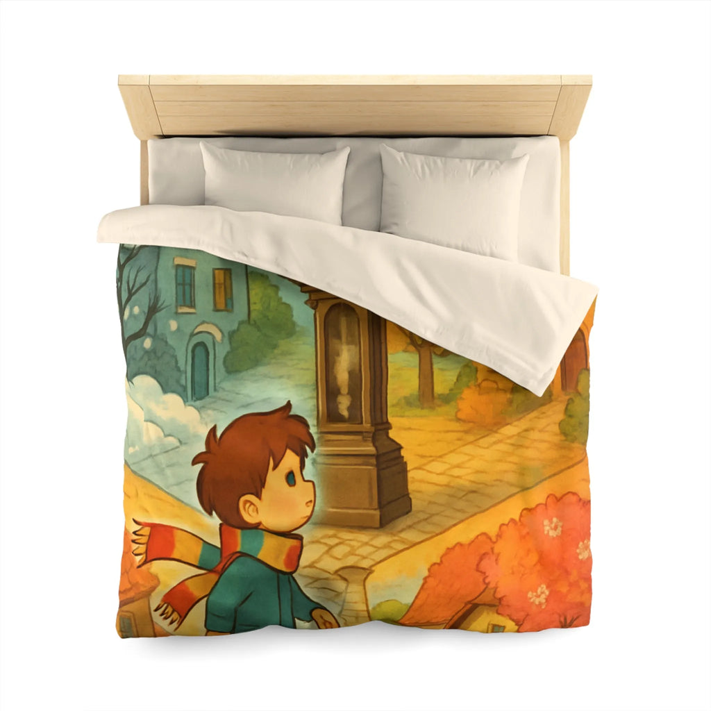 Housse de Couette Enfant Colorée avec Scène Enchanteresse de Village et Horloge Fantaisiste