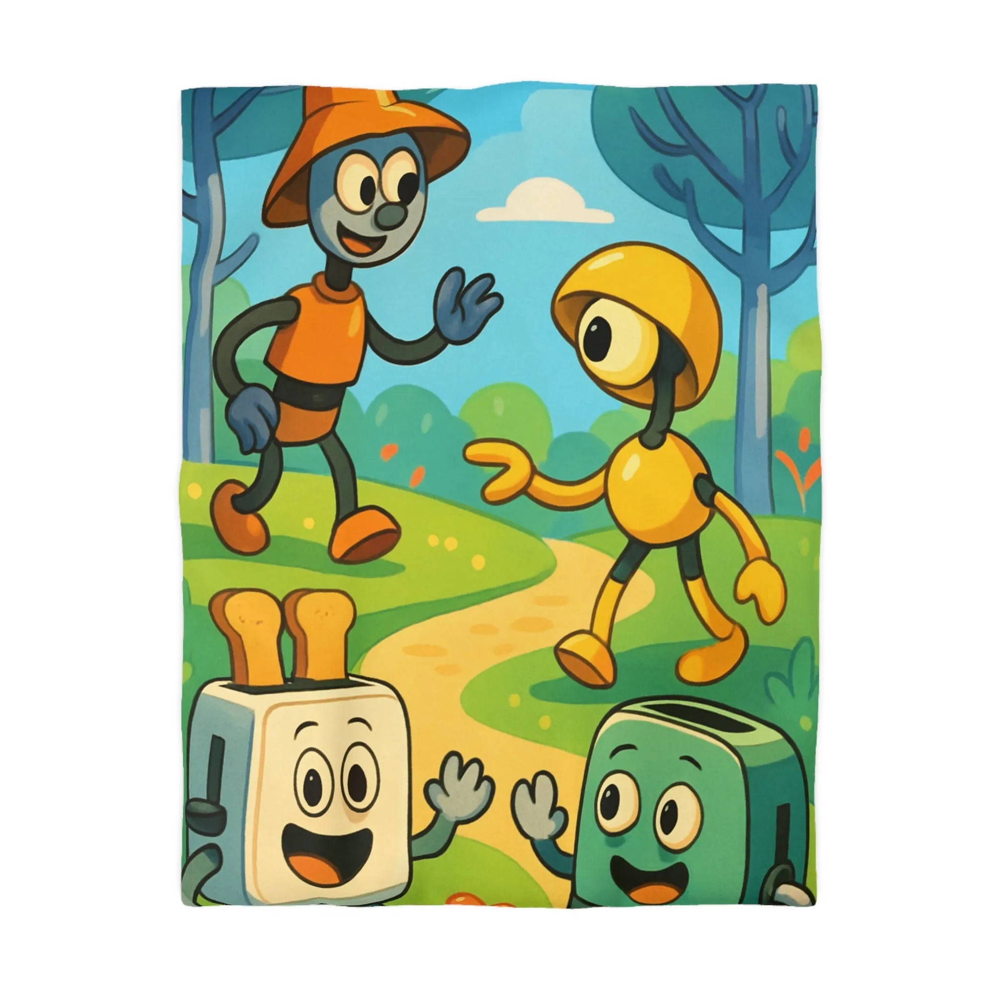 Housse de couette colorée avec robots joyeux et paysage forestier graphique