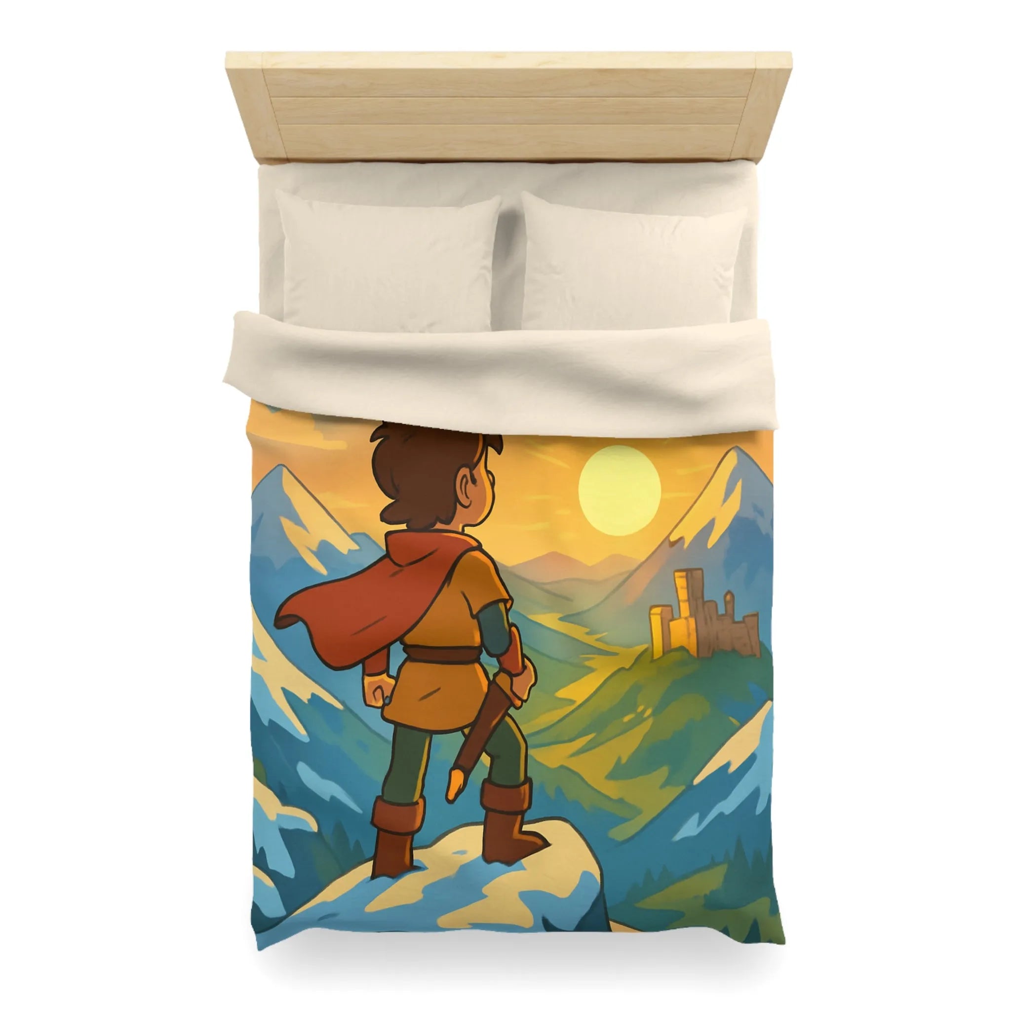 Housse de couette avec paysage montagneux, jeune aventurier et châteaux au coucher de soleil