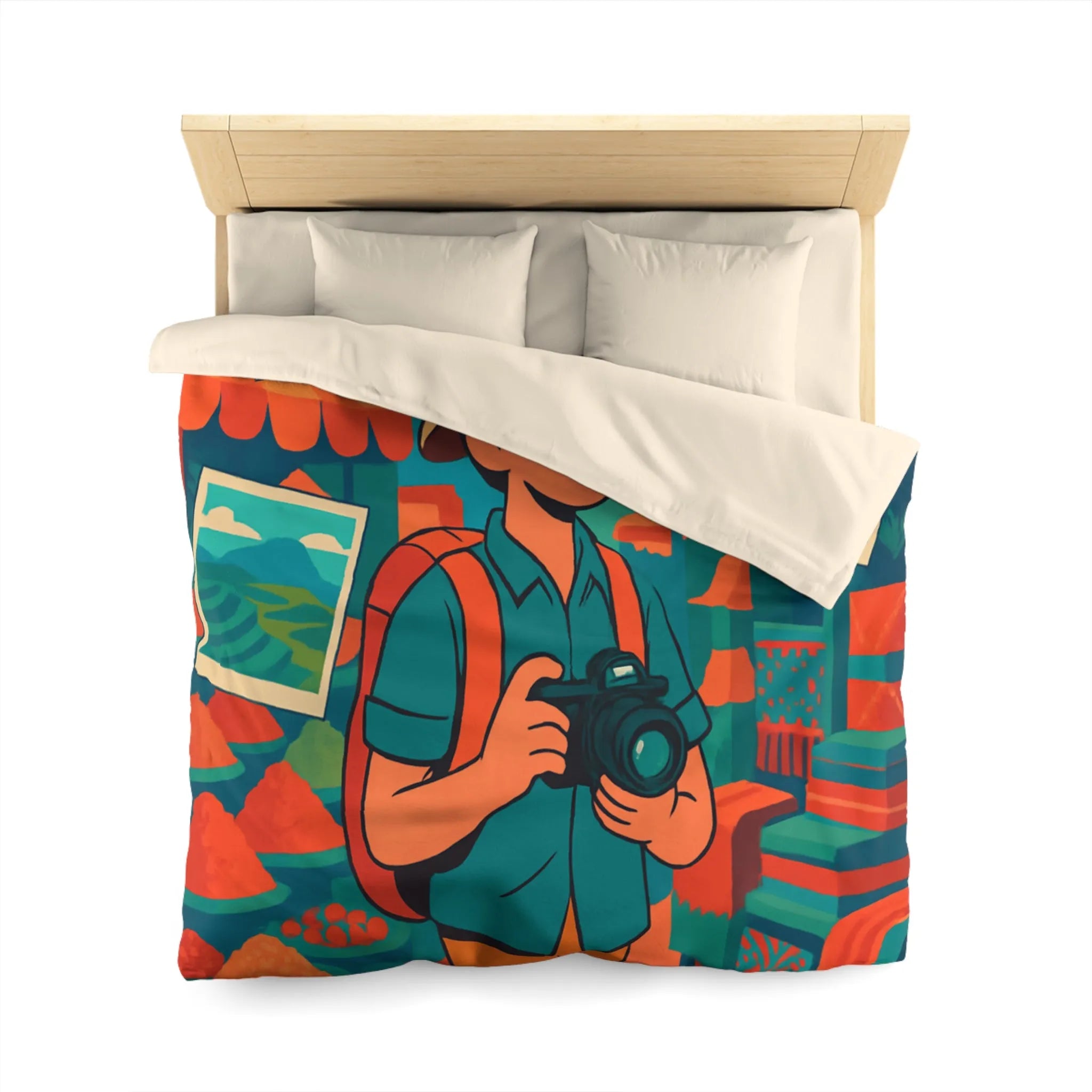 Housse de Couette Colorée avec Voyageur Photographiant un Marché Animé et Vibrant
