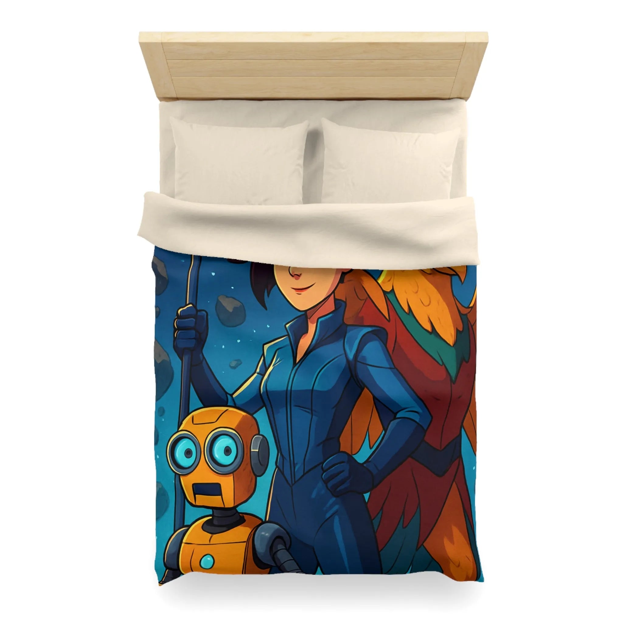 Housse de couette colorée avec exploratrice, robot et oiseau dans l'espace étoilé