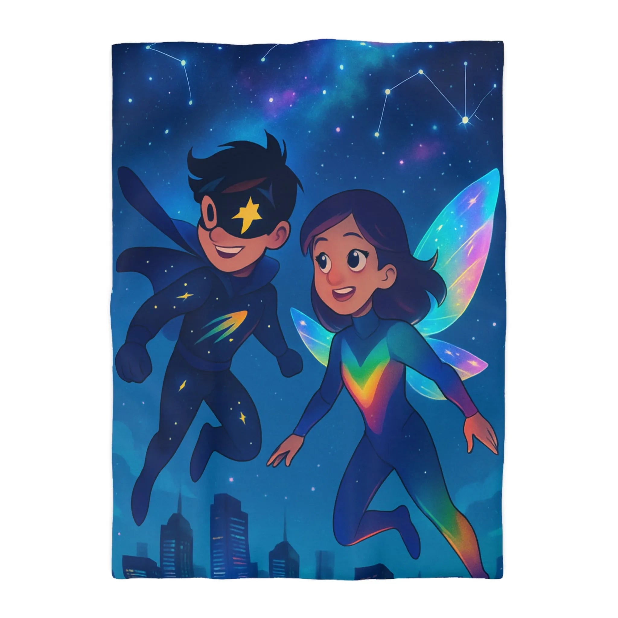 Housse de couette enfant illustrant super-héros lumineux volant au-dessus d’une ville étoilée