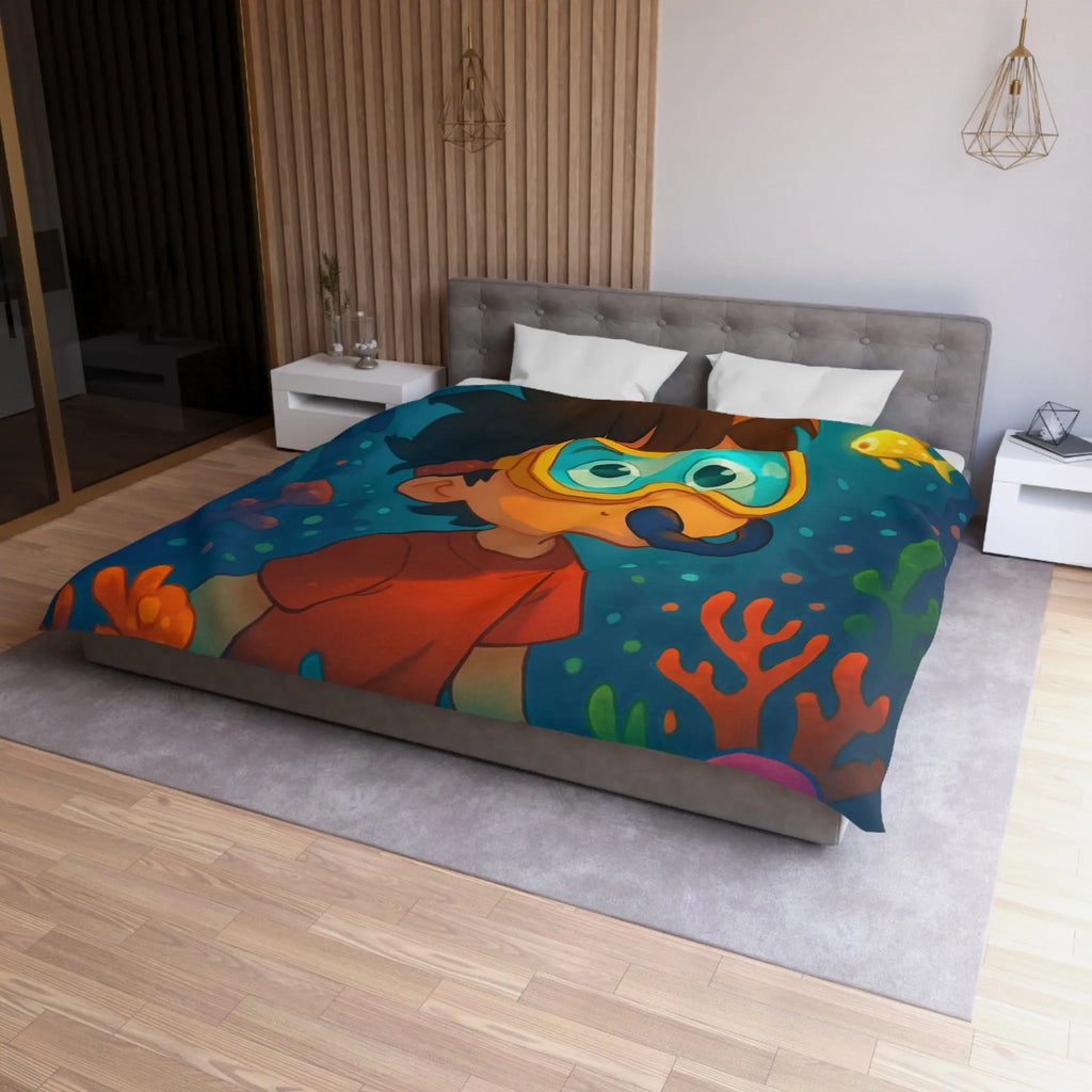 Housse de couette enfantine avec motif sous-marin coloré poisson et garçon plongeur dessiné