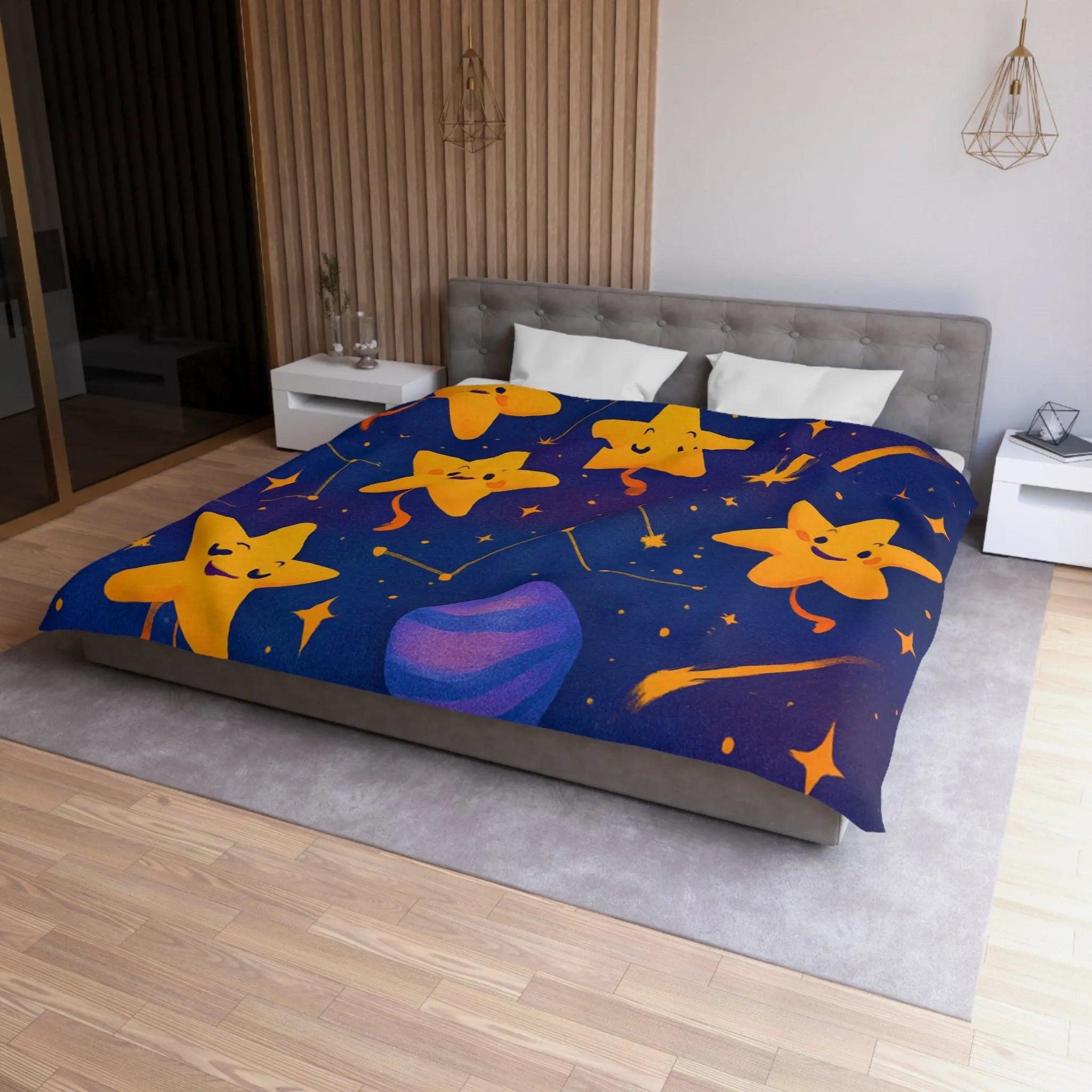 Housse de couette avec étoiles souriantes et planètes cartoon pour chambre d'enfant