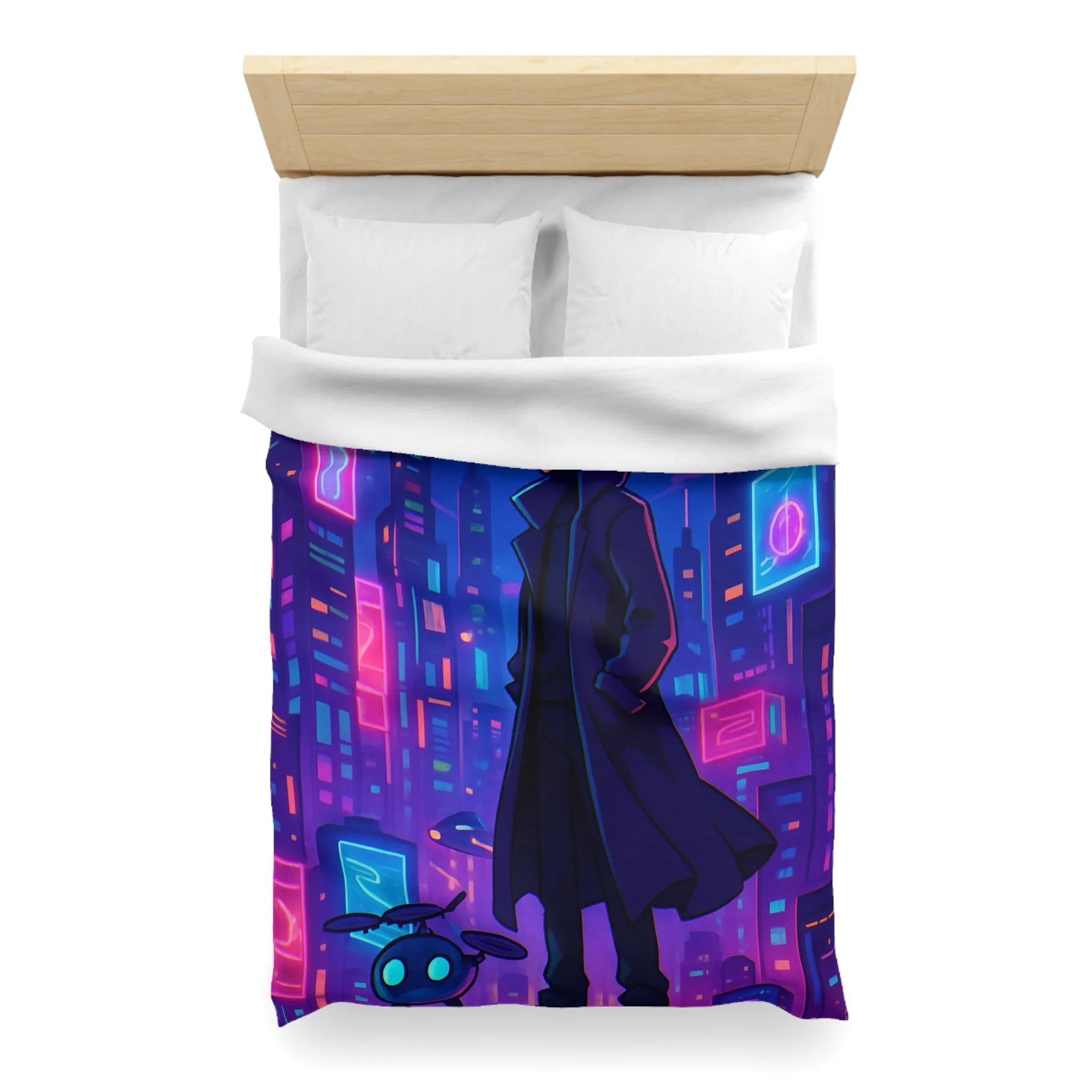 Housse de couette en néon futuriste avec personnage mystérieux et skyline cyberpunk