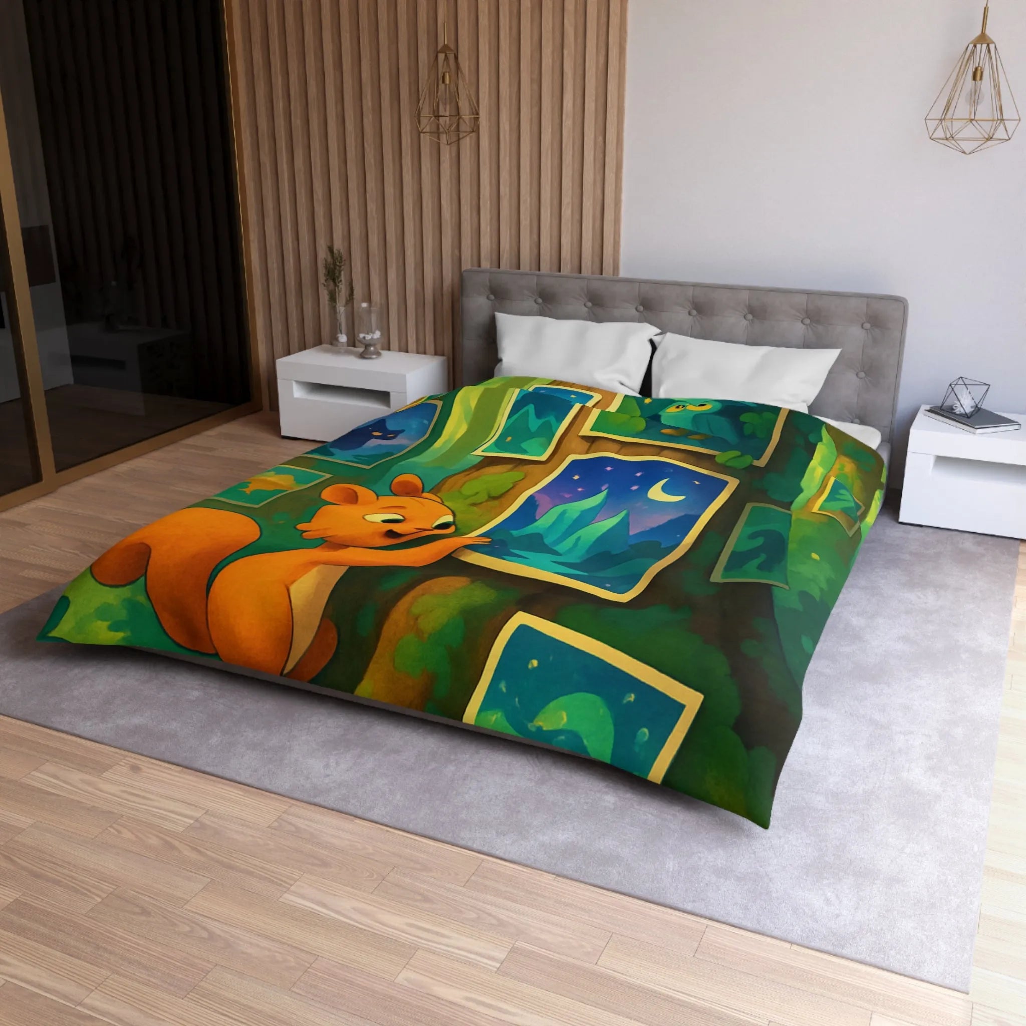 Housse de Couette Enchantée avec Écureuil et Tableaux Nocturnes pour Chambre d'Enfant