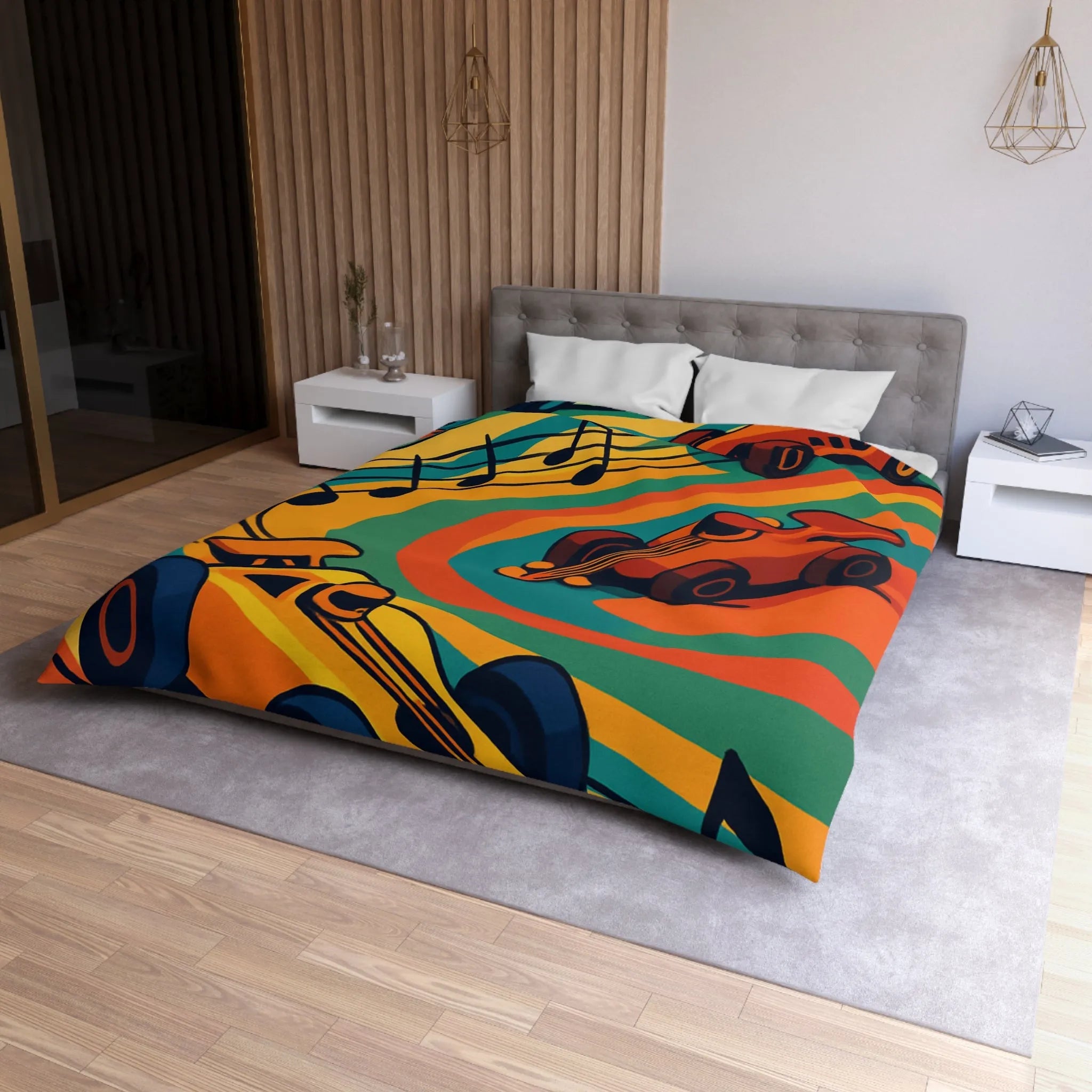 Housse de Couette Course Voitures Musique Vibrante pour Chambre Enfant Thème Animation