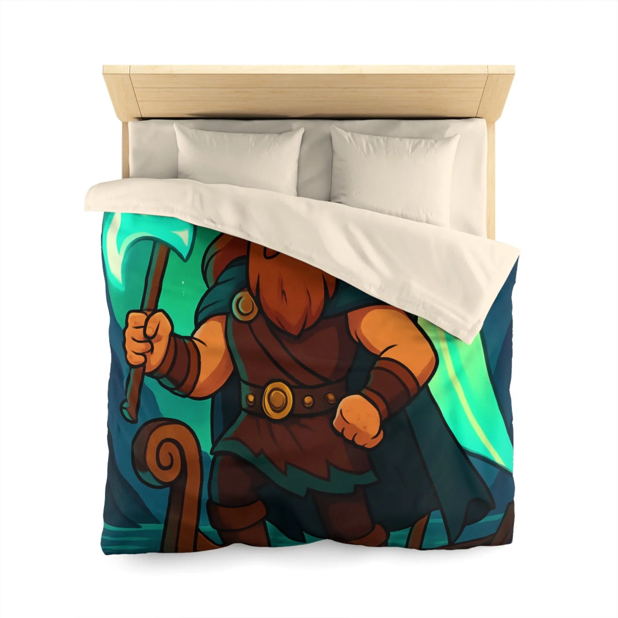 Housse de couette épique viking avec aurore boréale et bateau en pleine mer