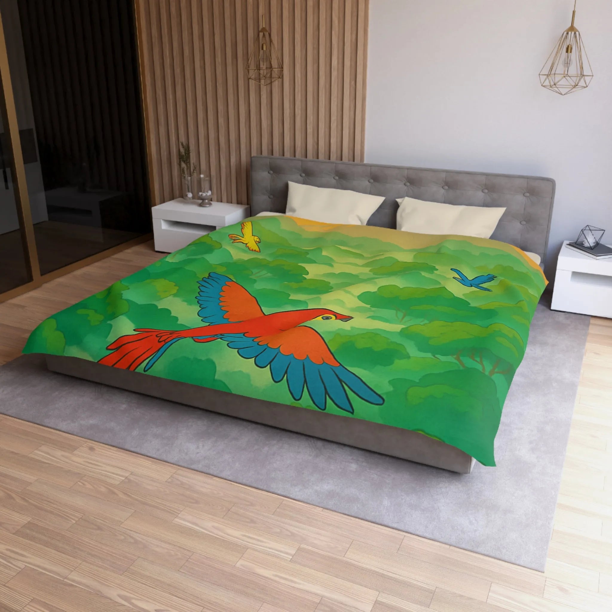 Housse de Couette Colorée Tropicale avec Perroquets et Paysage de Forêt Exotique