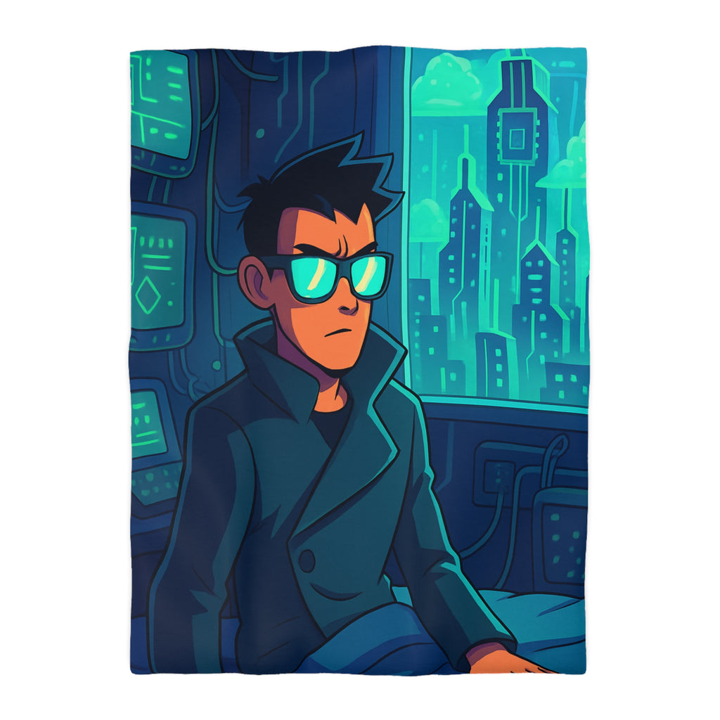 Housse de couette urbaine homme élégant en manteau dans appartement futuriste avec écran