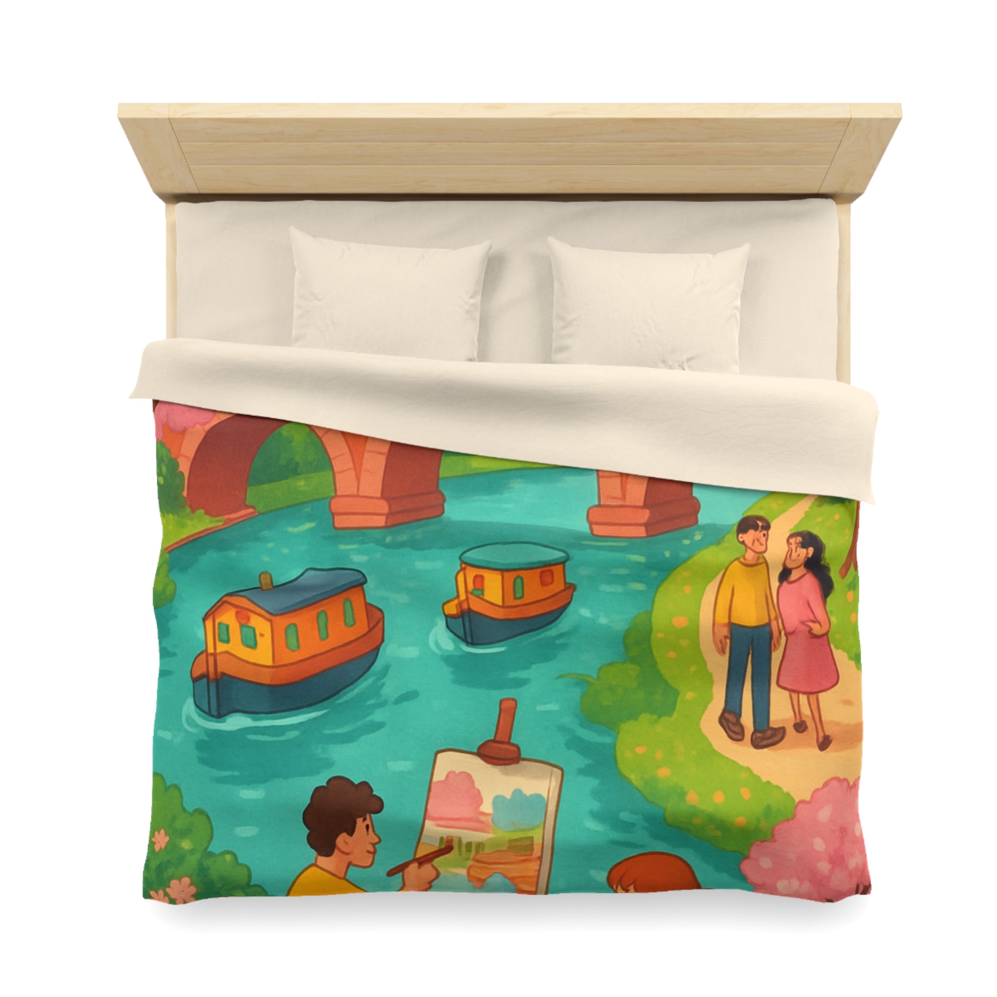 Housse de couette printemps campagne avec paysage pont, arbres en fleurs, artistes peignant