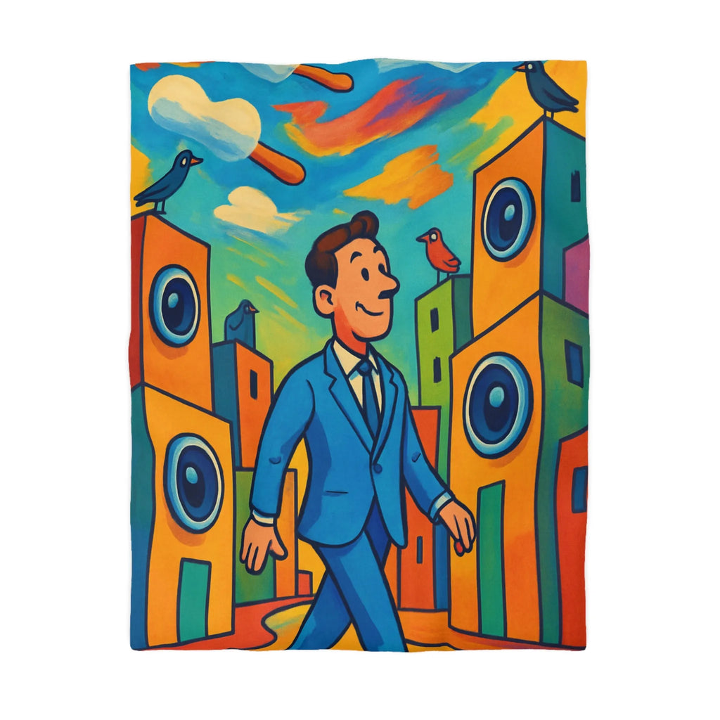 Housse de couette colorée avec homme stylisé marchant dans un paysage urbain coloré